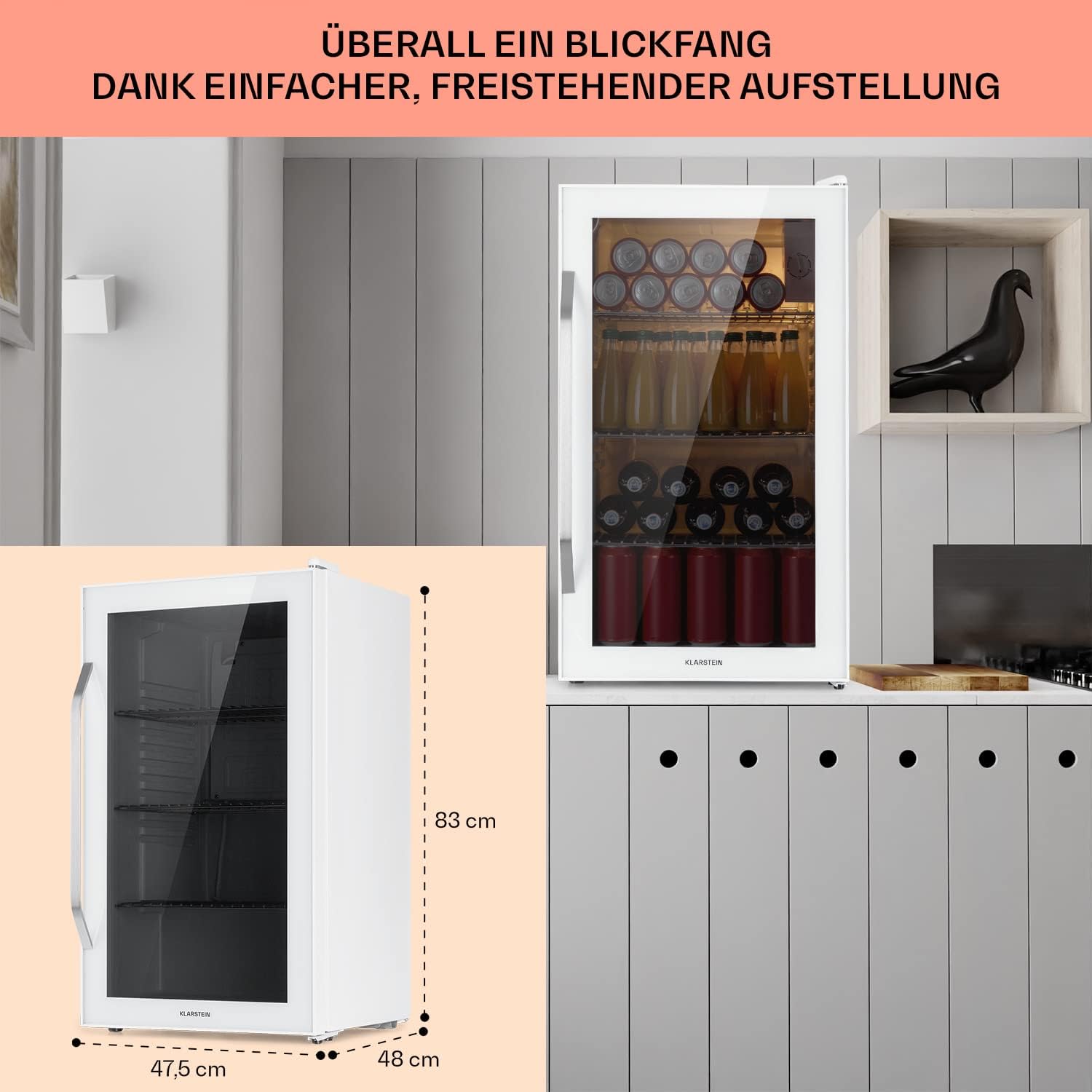 Klarstein Mini Kühlschrank mit Glastür für Zimmer, Getrnkekühlschrank mit Verstellbaren Ablagen, Kleiner 80 Liter, Indoor/Outdoor Kühlschrank Leise