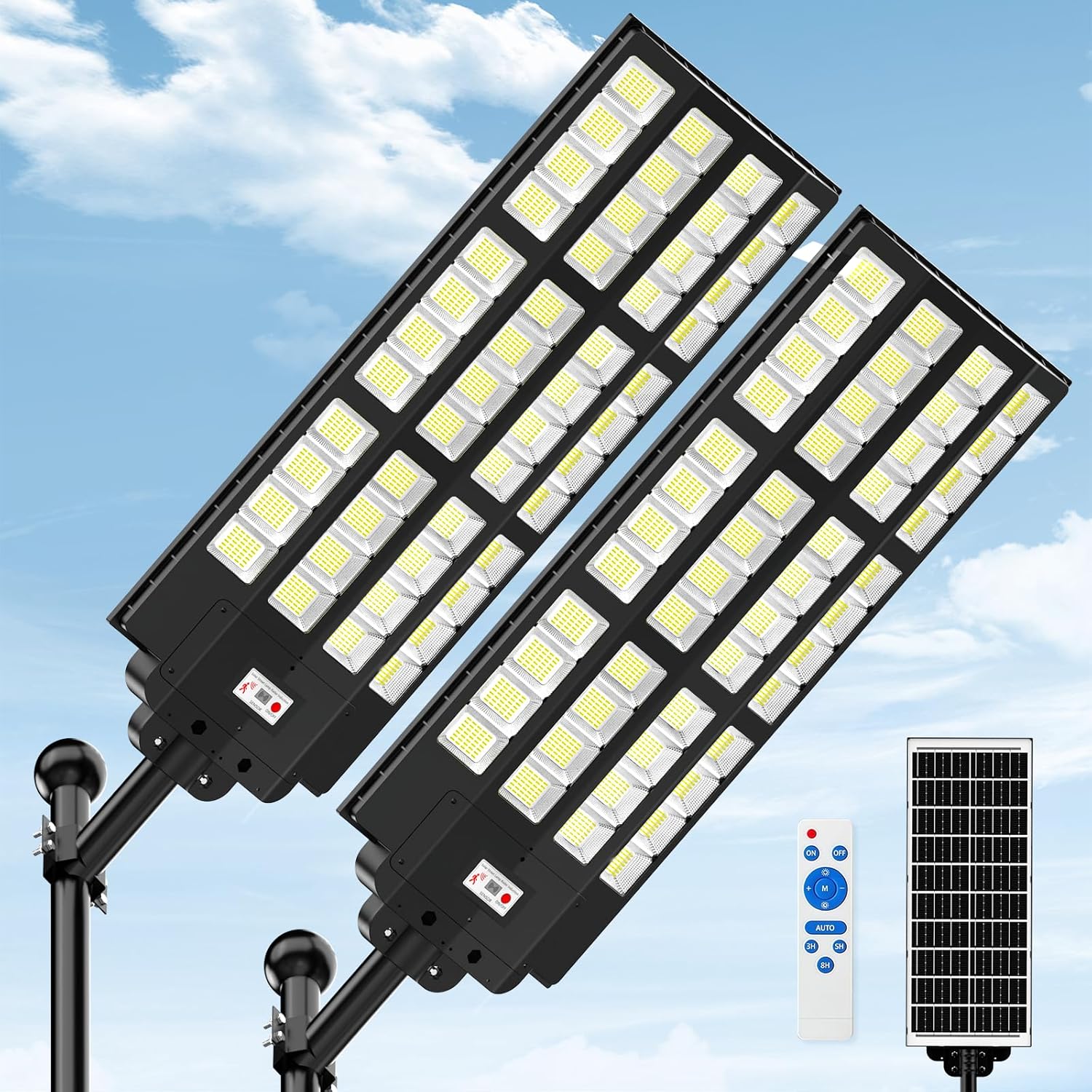Große Solar Straßenlaterne 2 Pack für Außen, IP67 Wasserdichte Solarlampen mit Bewegungsmelder, 7000K Große Solarleuchten für Außen mit Fernbedienung, Solar Wegeleuchte für Parkplatz Straßen