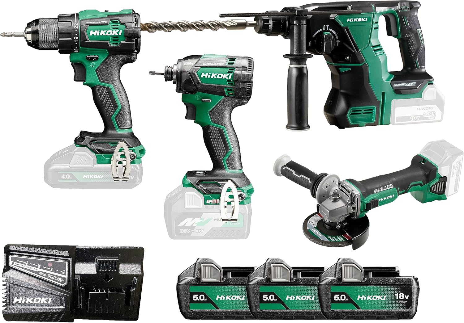 HiKOKI Brushless Combo-Kit KC18DE (Winkelschleifer, Bohrschrauber, Schlagschrauber, Bohrhammer, 3x 18V 5.0 Ah Akku, Ladegerät, Transporttasche)