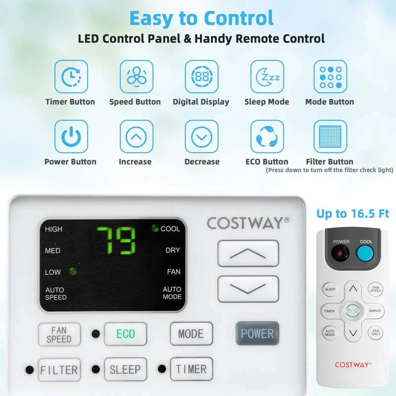 Quiet window air conditioner with 10,000 BTU, remote control, Eco mode, Energy Star certified, 3-in-1 unit with dehumidifier