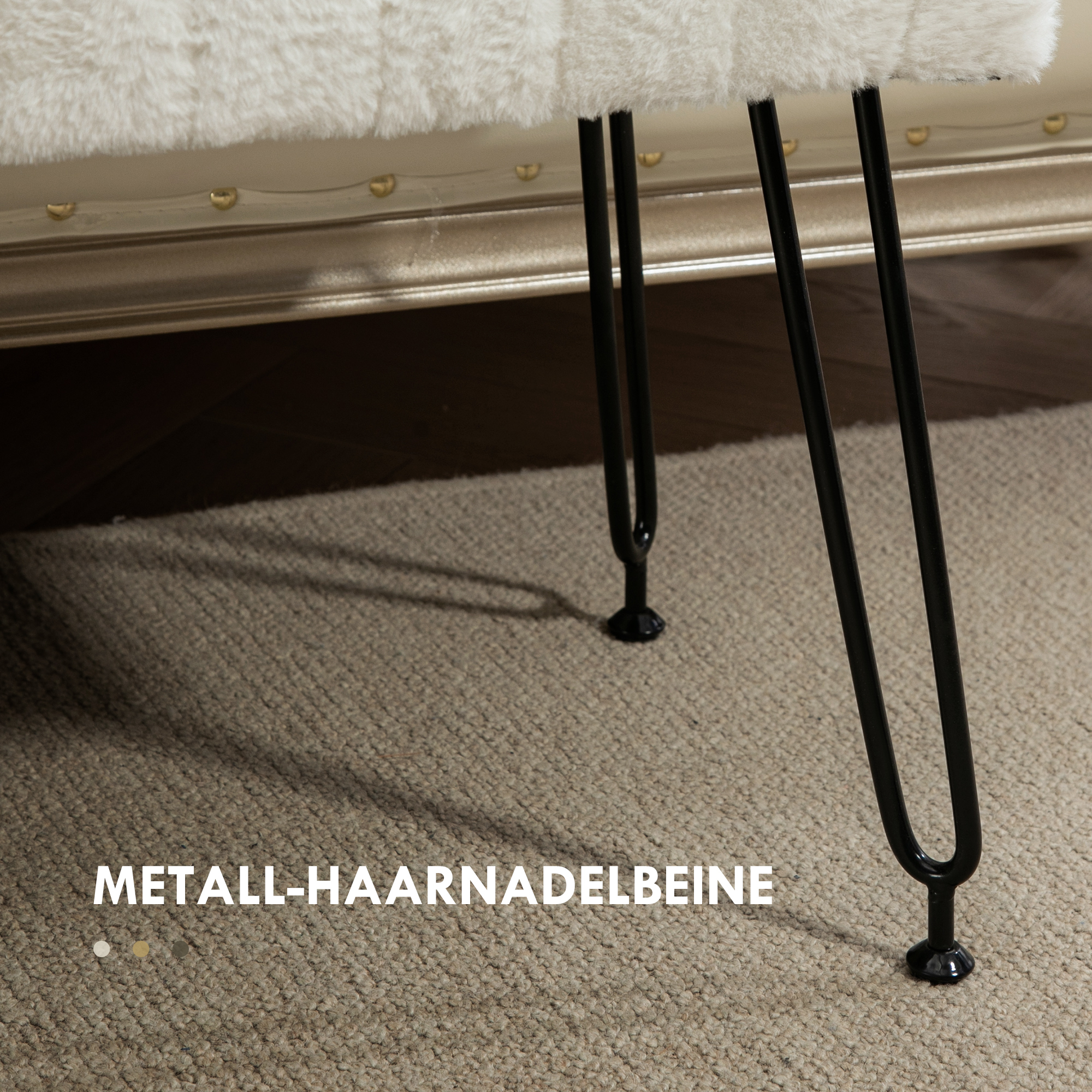Zitbank, Gestikte Zitting, Kunstbontbekleding, Metalen Poten, tot 120 kg, 82x30x47 cm, Cr��mewit/Zwart