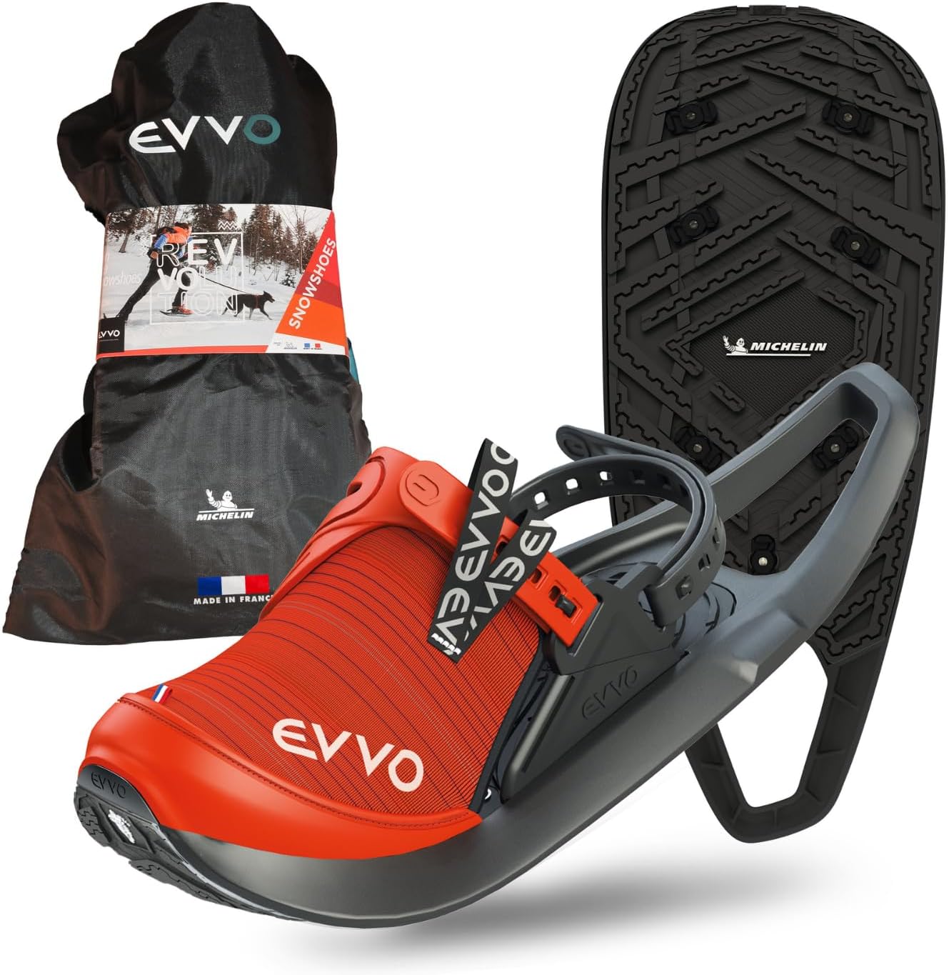 EVVO - Originale - Schneeschuh Michelin® Sohle mit Lamellenstollen und Icespike Techologie. Verstellbare Bindungen, für Männer und Frauen, mit Transporttasche, All Terrain