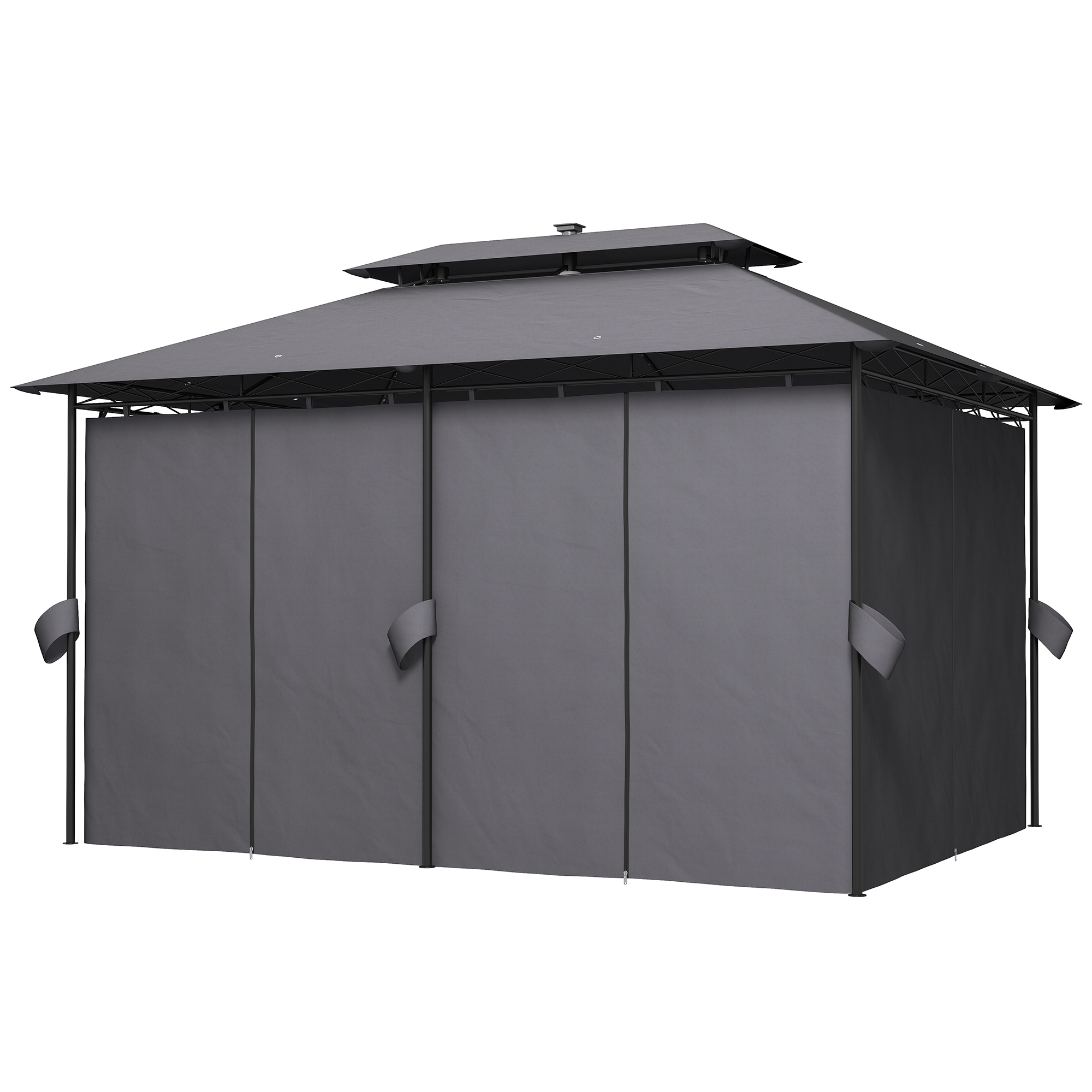 Outsunny 3 x 4 m Tuinpaviljoen, Tuintent met Zijwanden en Solar-LED-Lichten, Stalen Frame, Terrastent, Donkergrijs