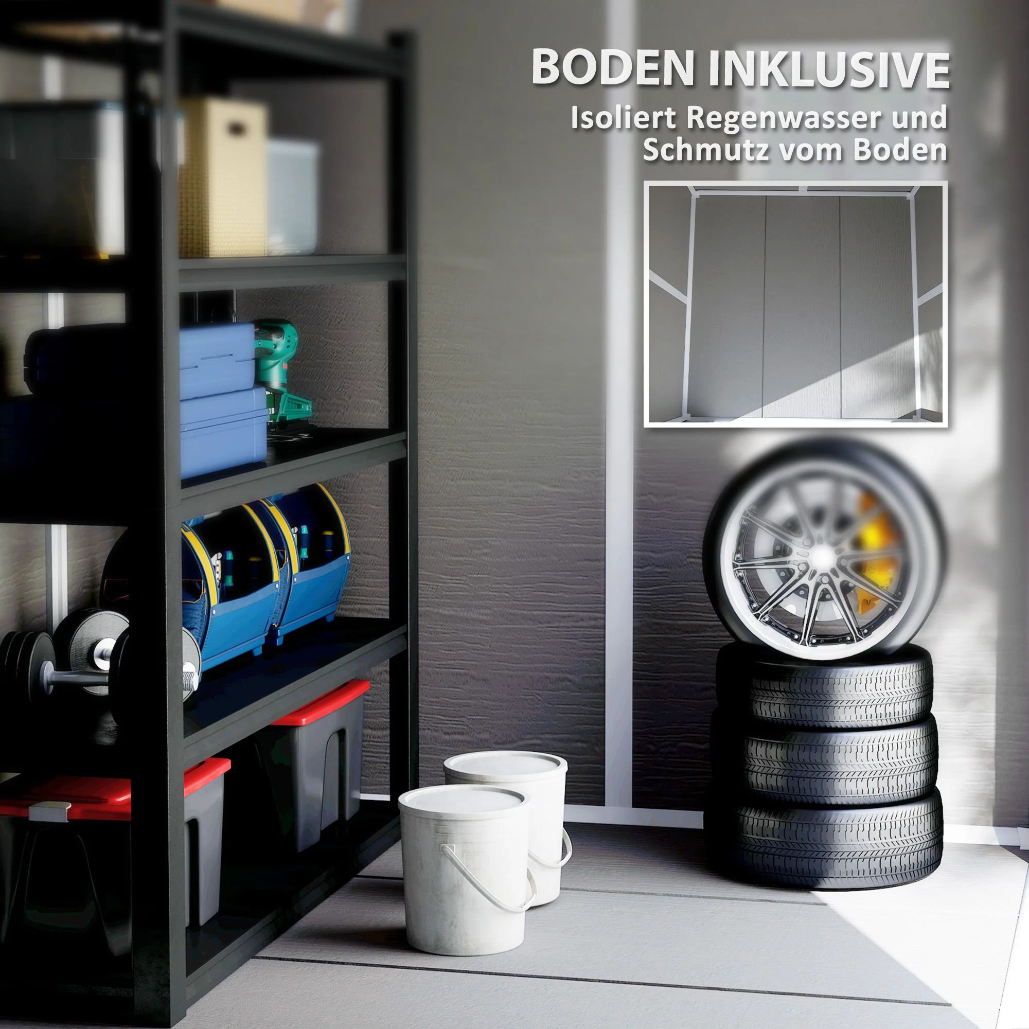 Outsunny Tuinschuur, Gereedschapsschuur met Bodem, Afsluitbare Deuren, Ventilatieopeningen, Venster, Houtlook, Kunststof, Grijs