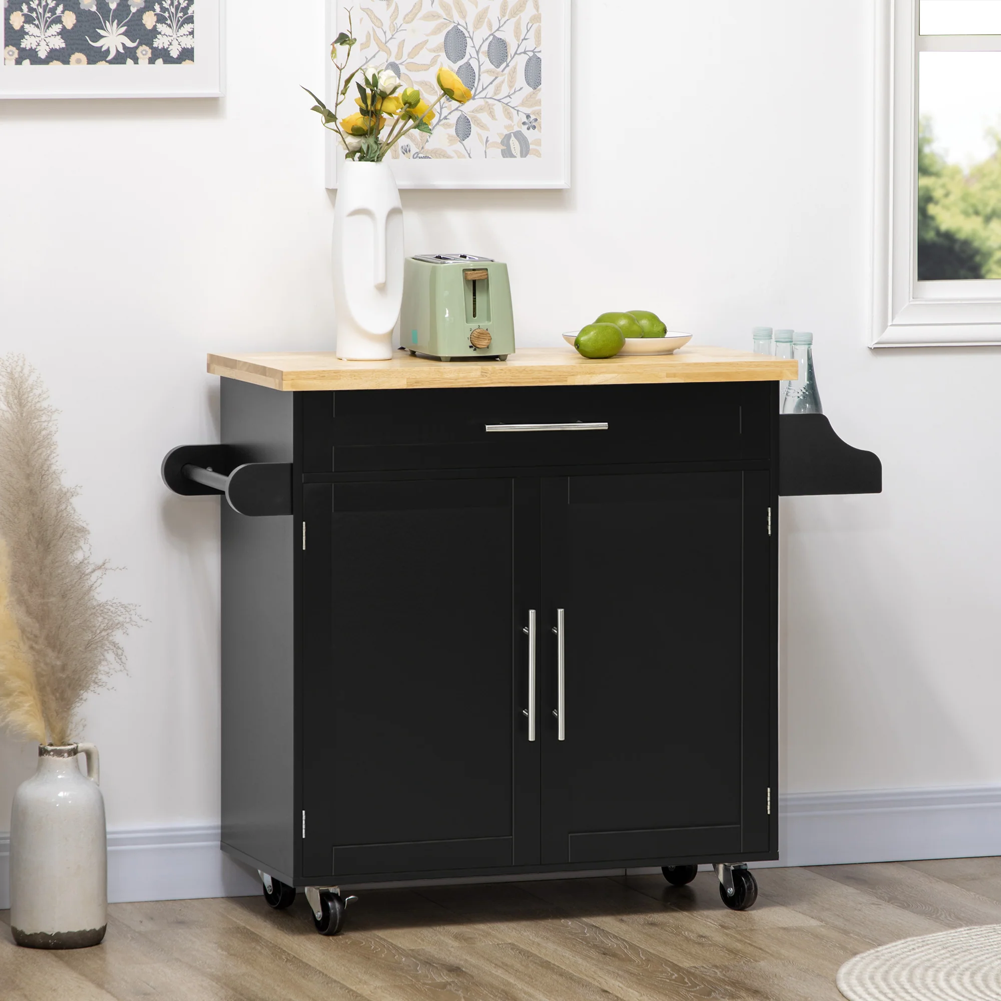 HOMCOM Keukentrolley Serveerwagen Keukenblok, 1 Kruidenrek, 1 Handdoekhouder, 109 cm x 40 cm x 89 cm, Zwart