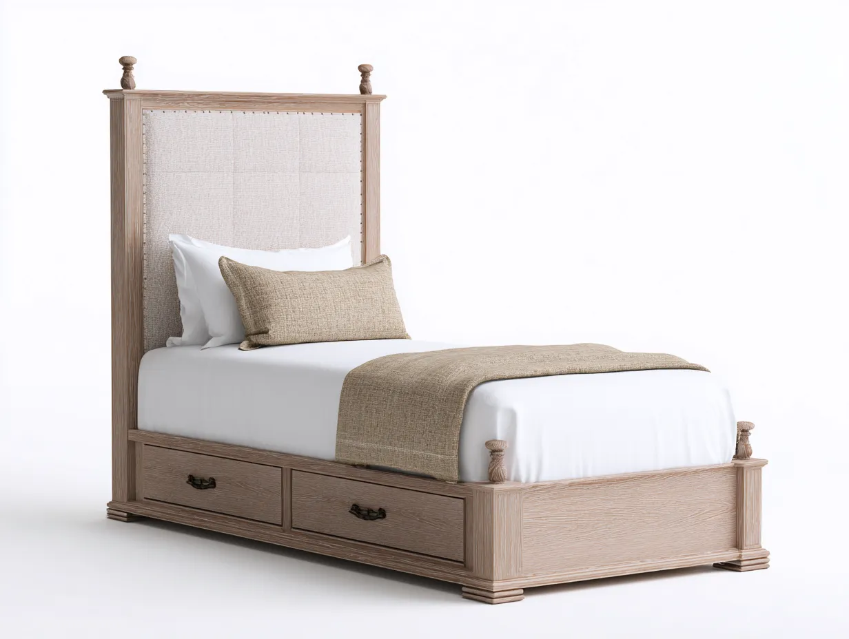 Einzelbett-Massivholz-Stoff-209x101x124 cm-Naturholz-Beige-Landhausstil
