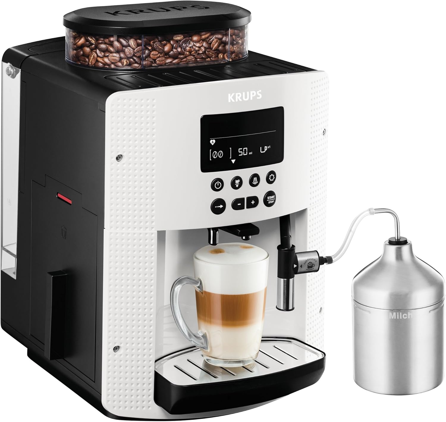 Krups Essential Kaffeevollautomat mit Milchschlauch, 2-Tassen-Funktion, LCD-Display, Einfache Reinigung, Kaffeemaschine, TÜV-Siegel, Schwarz, EA816031