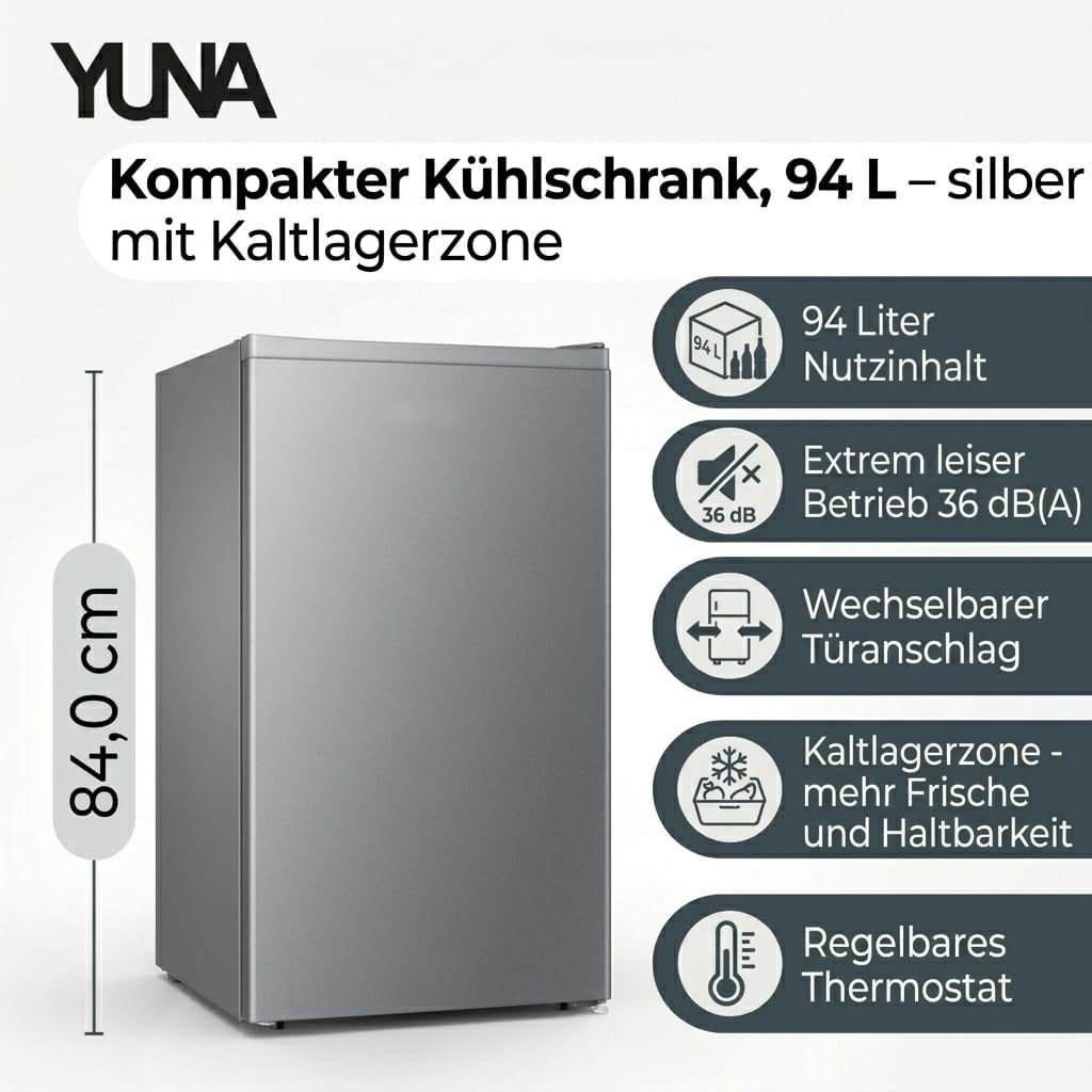 YUNA Kühlschrank SEREBRO E mit Fresh Zone/ 94L Nutzinhalt/Vollraumkühlschrank/ 84 cm hoch/ 86 kWh/Jahr/Türanschlag wechselbar/Leiser Betrieb 36 dB/Silbern