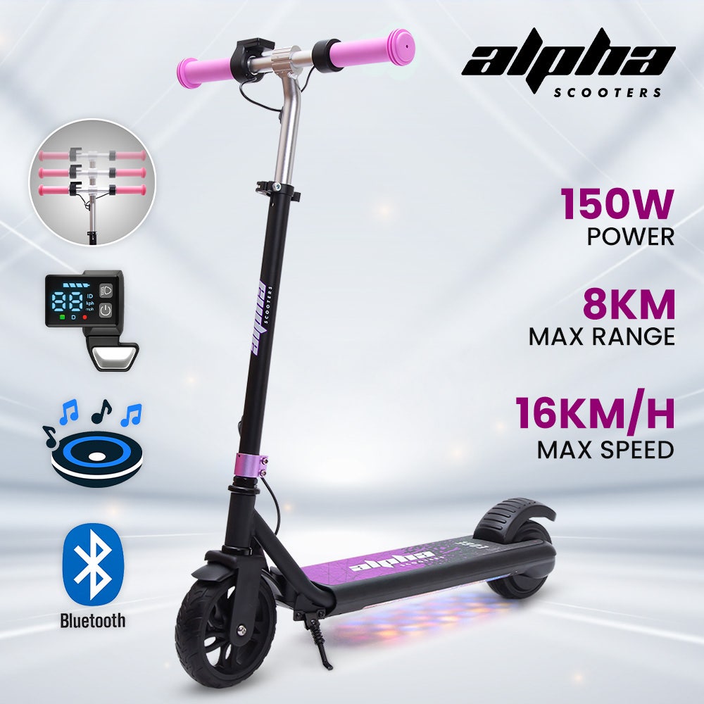 ALPHA Edge Electric Scooter Kids/Teens, 16km/h Max, Adjustable Height, UL Certified, AU Compliant, Dual Brakes, Bluetooth Music, LED, Pink