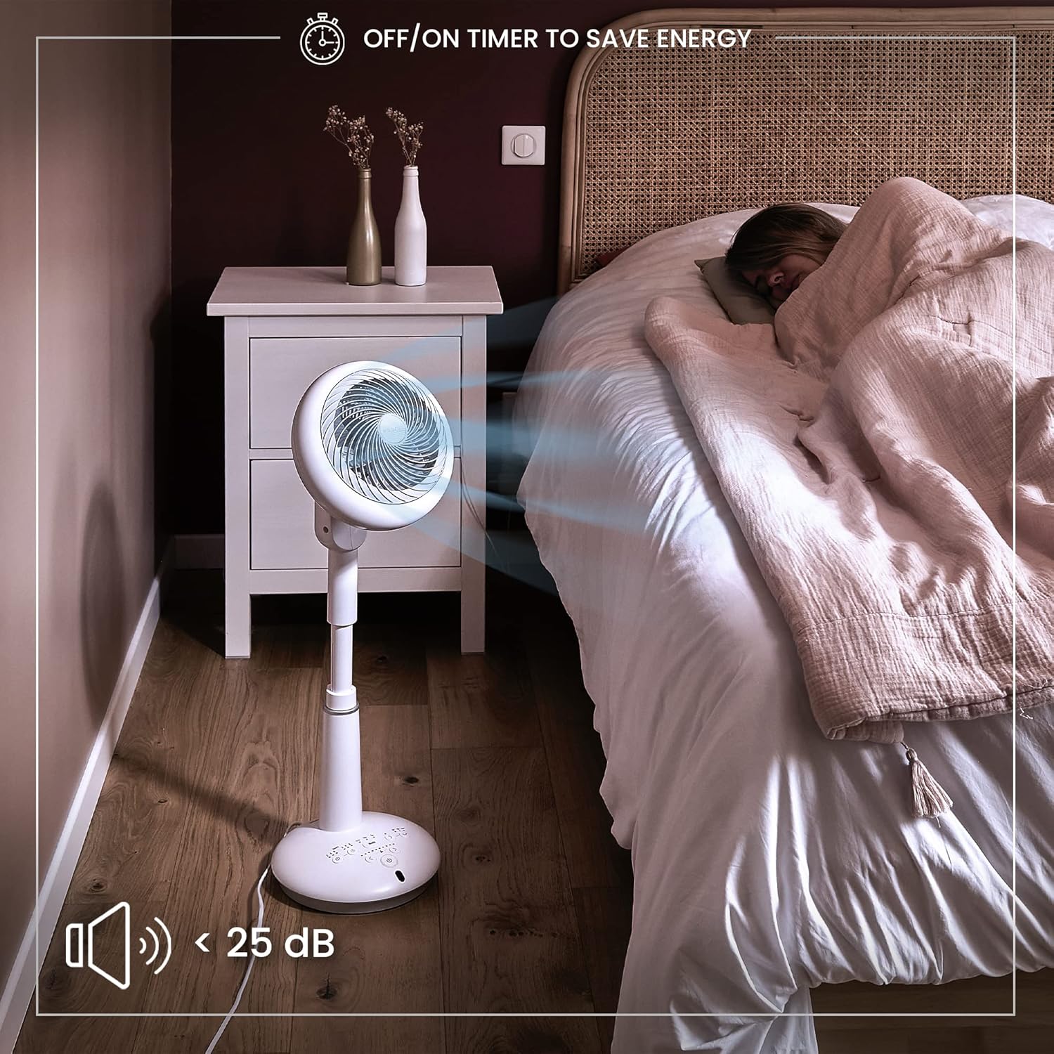 Iris Ohyama Woozoo, Ventilateur sur Pied, 37㎡, Blanc, 10 Vitesses, Télécommande, Moteur DC, Silencieux 25 dB Mode Nuit, Oscillation Multidirectionnelle, Minuterie 8h, Puissant, STF-DC15T