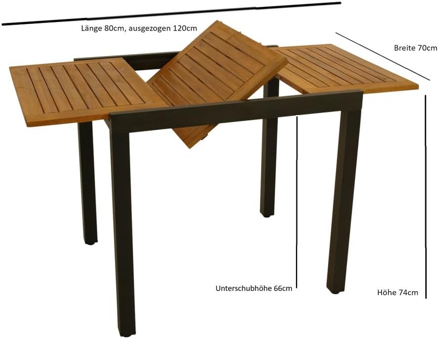 DEGAMO Gartentisch Balkontisch Vicenza aus Akazienholz und Aluminium, Ausziehbar 80/120x70cm, Anthrazit, FSC-Zertifiziert