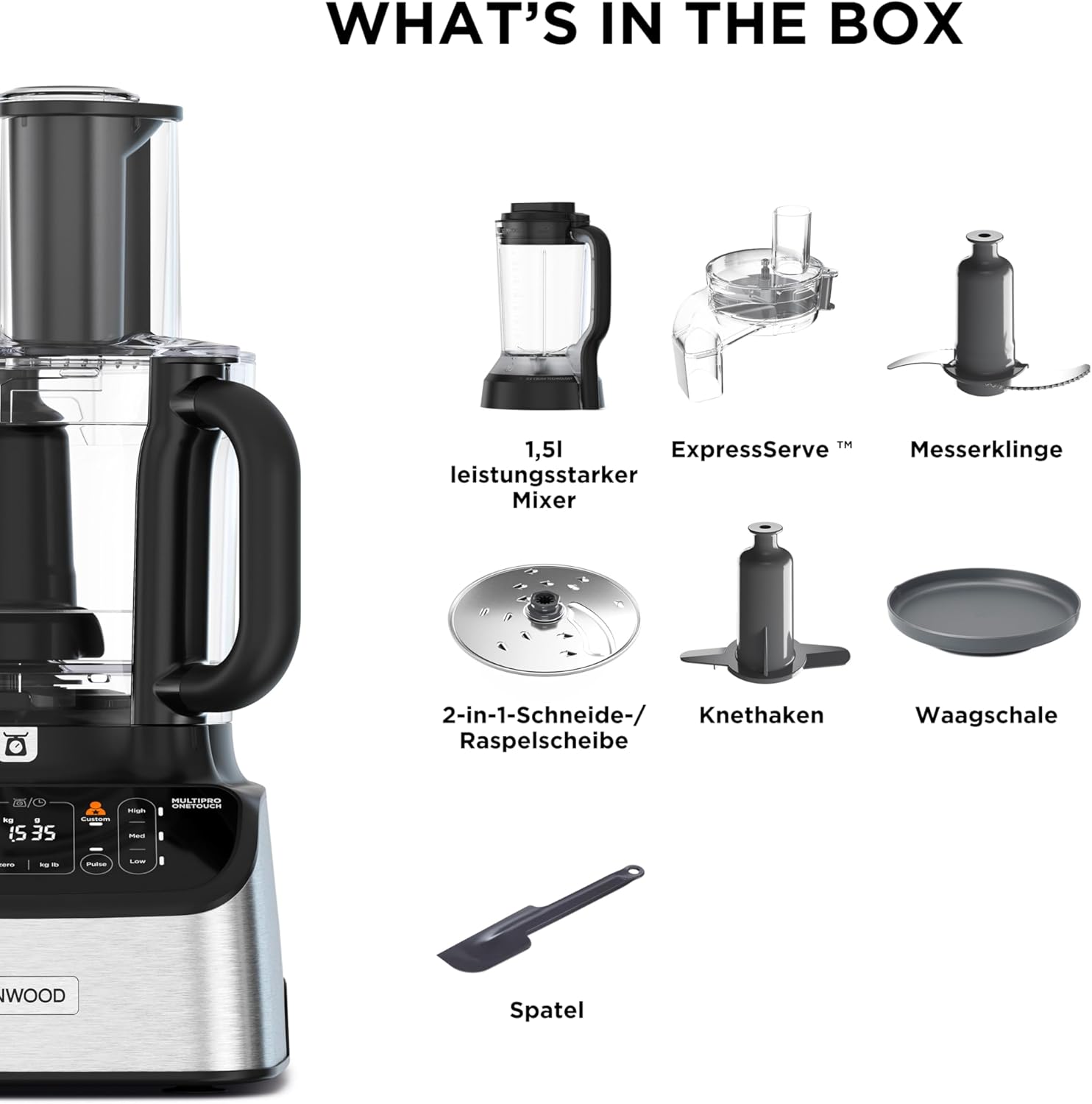 Kenwood MultiPro OneTouch FDM73.850SS – 3-in-1 Kompakt-Küchenmaschine & Mixer, 12 Zubehörteile, 6 Automatikprogramme, Variable Geschwindigkeit & Pulse-Funktion, Integrierte Waage, 1000 W, Silber