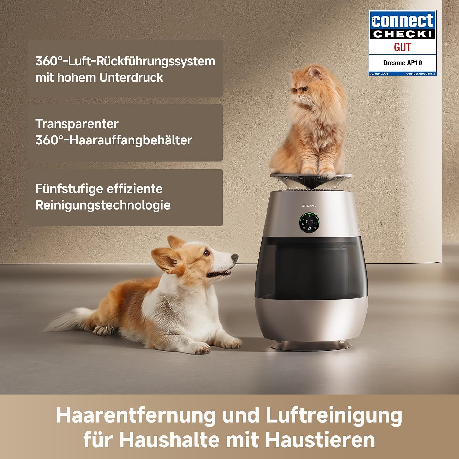 DREAME Haustier-Luftreiniger AP10, 360°-Luft-Unterdruck-Rückführungssystem mit fünfstufiger Reinigung. Transparenter Behälter, geschwungene Oberseite und LED-/Beleuchtung mit App-Steuerung