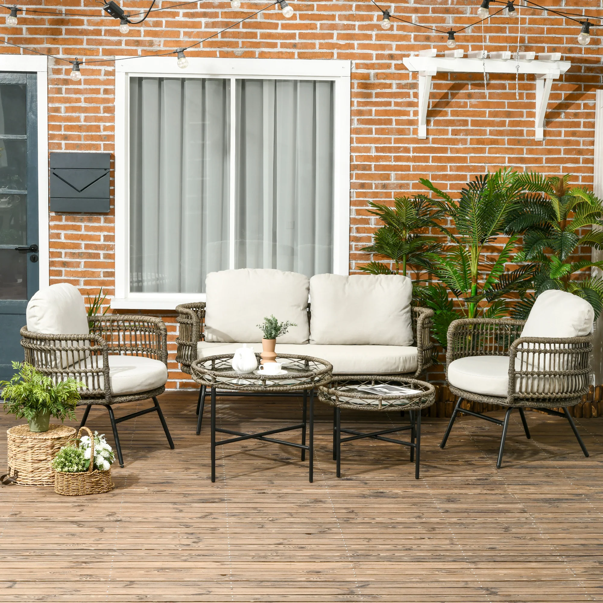Outsunny tuinmeubels 5-delig Zitset van rotan voor buiten met kussens, aluminium