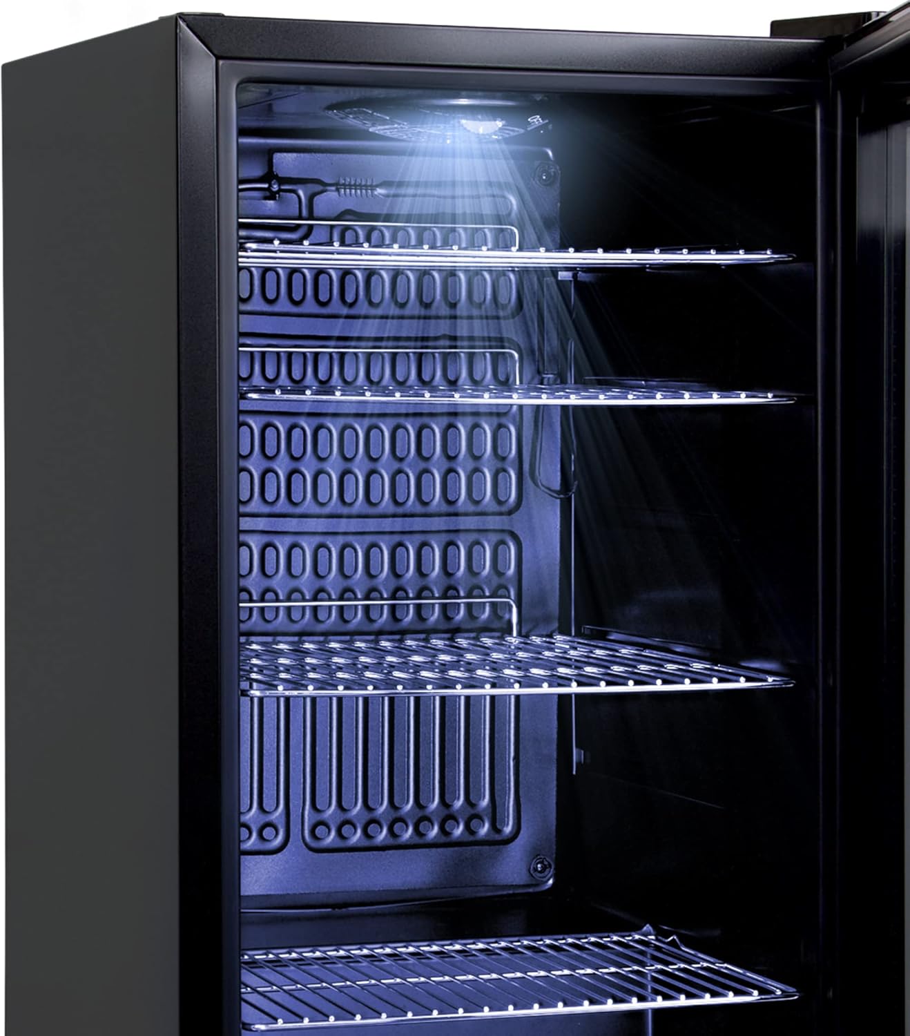 °CUBES Getränkekühlschrank 90L mit Glastür & 4 variablen Ablagen | Kompakter Flaschenkühlschrank, perfekt für zu Hause, Büro, Partys & Gastro | Stilvoller Kühlschrank mit Glastür, schwarz