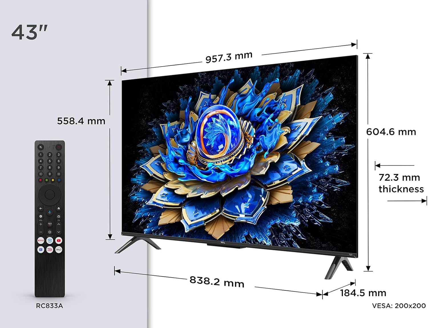 TCL 43T69C 43 Zoll QLED, Direct LED TV, 4K HDR TV, Smart TV (Dolby Vision & Atmos, Motion Clarity, Kompatibel mit Assistant & Alexa)