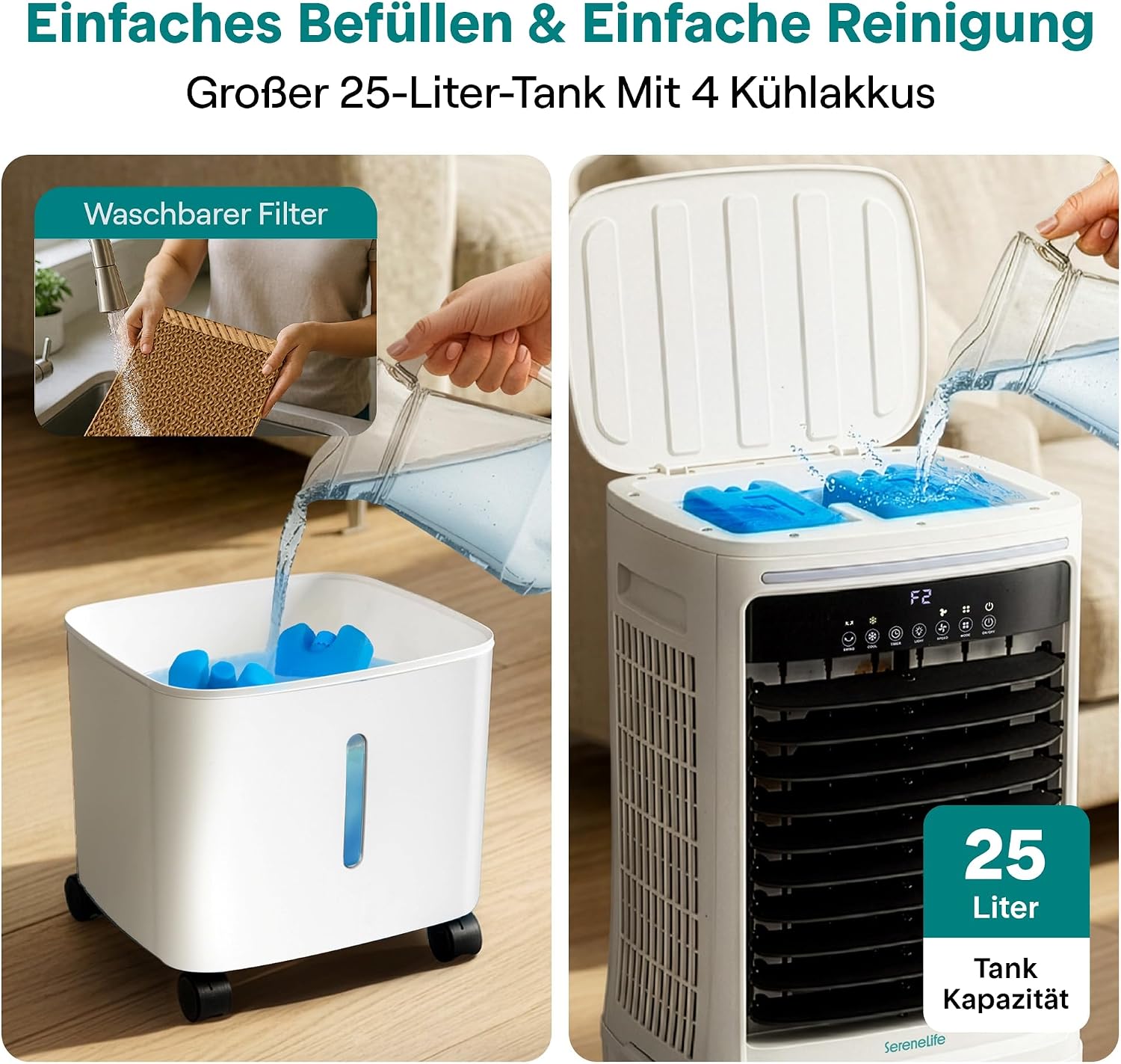 SereneLife Klimaanlage ohne Abluftschlauch, 25L Verdunstungsluftkühler für Große Räume, 1700 CFM, Kühlakku-Funktion, Timer Abnehmbarer Wassertank 80W, 60/120°Oszillation, Leise mit Rollen