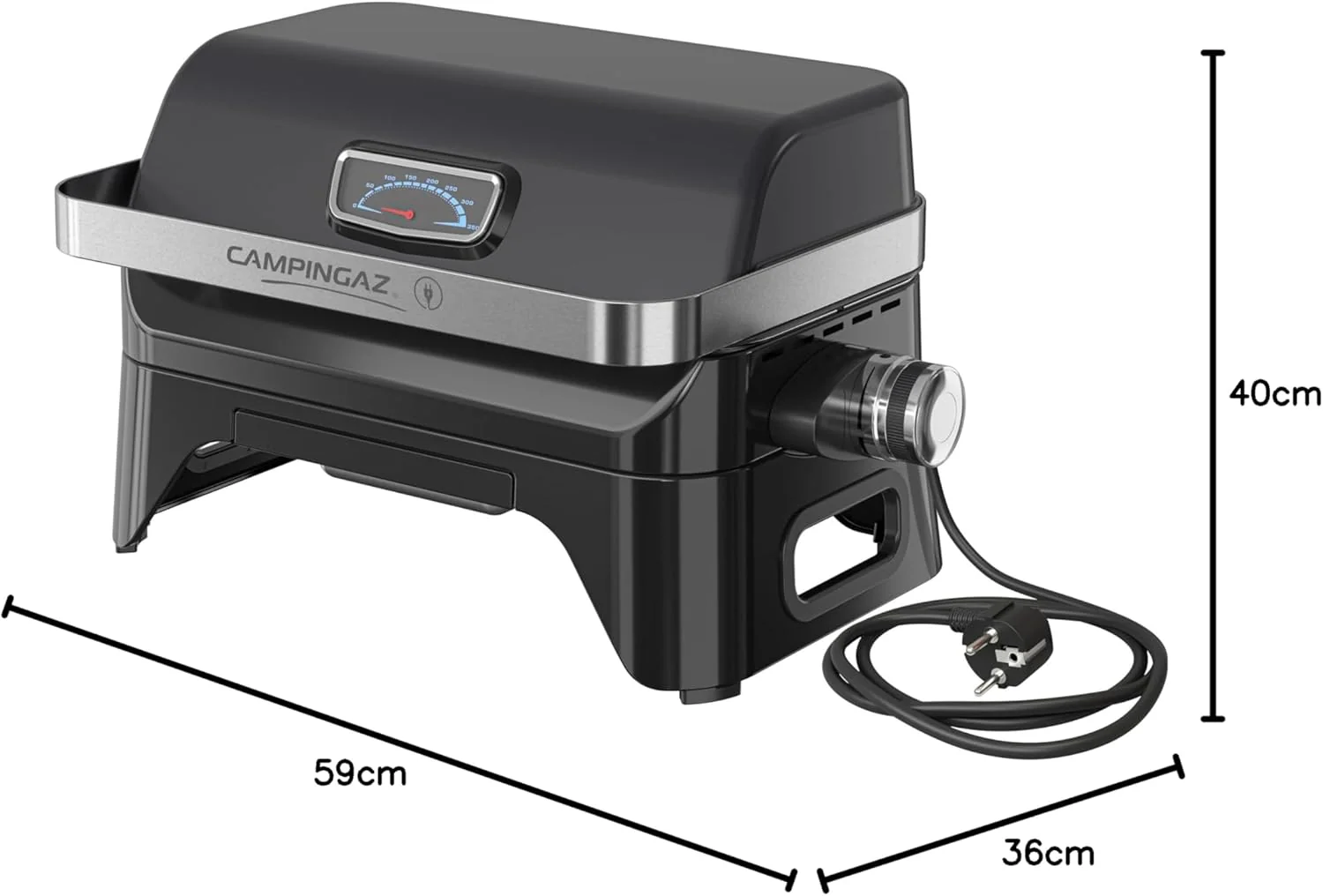 Campingaz Grill Attitude2go, gasbarbecue & elektrische barbecue, tafelbarbecue, draagbare balkon-, campingbarbecue, met deksel, thermometer en gietijzeren grillrooster, werkt op gas of elektriciteit