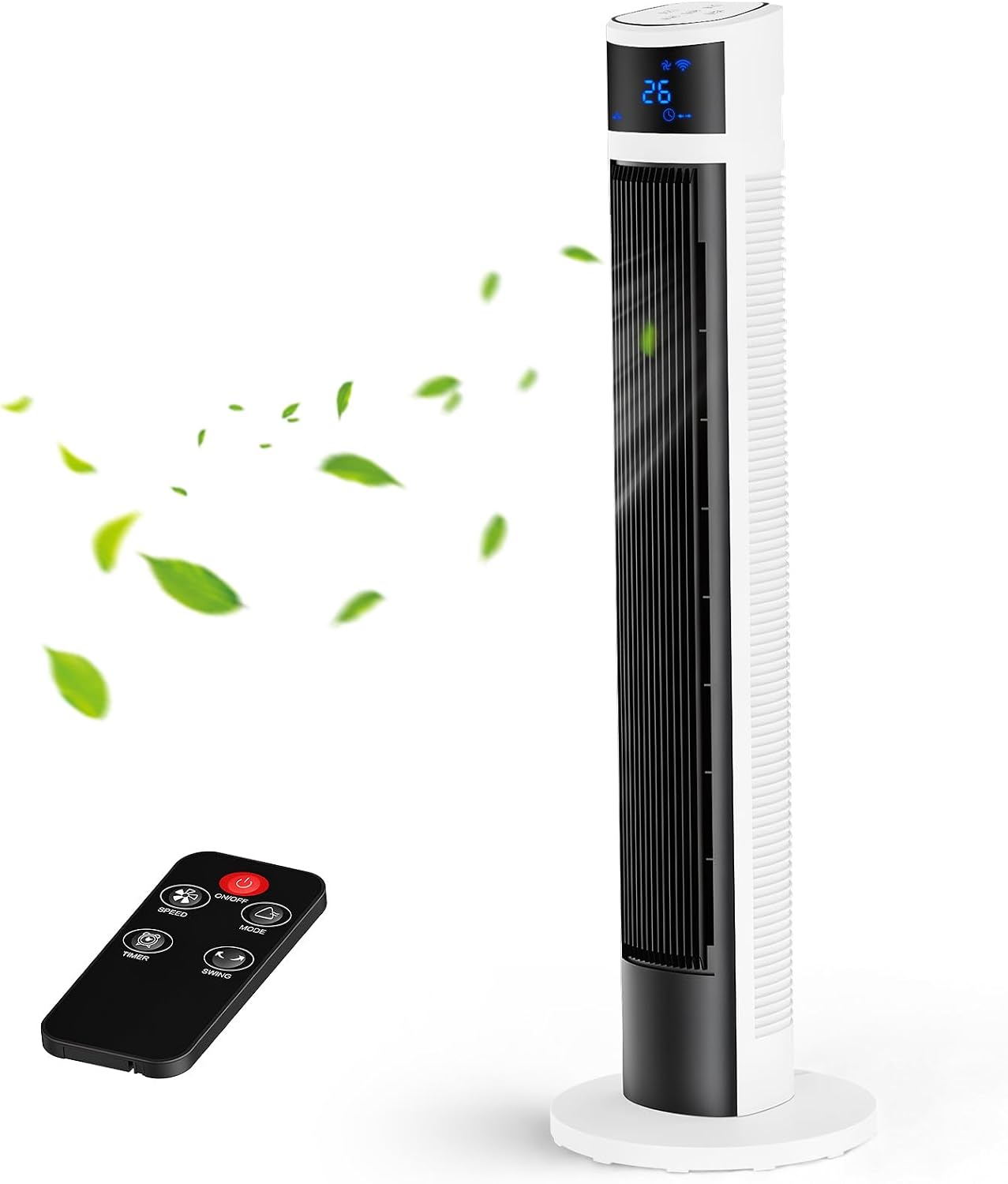 30dB Turmventilator Sehr Leise mit Fernbedienung | 80° Oszillation, drei Modi, Raumkühlung, platzsparender Tower Fan, kühlender Luftstrom, Schlafzimmer Büro, Senioren geeignet