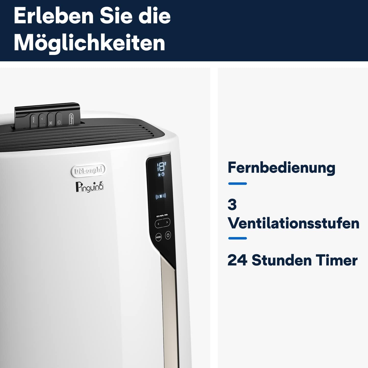 De'Longhi Pinguino PAC EM82, Mobile Klimaanlage für Rume bis zu 80 m, 9.400 BTU, 2,4 kW, 63 dB, Entfeuchtungsfunktion, Energieklasse A, 24h-Timer, Wei