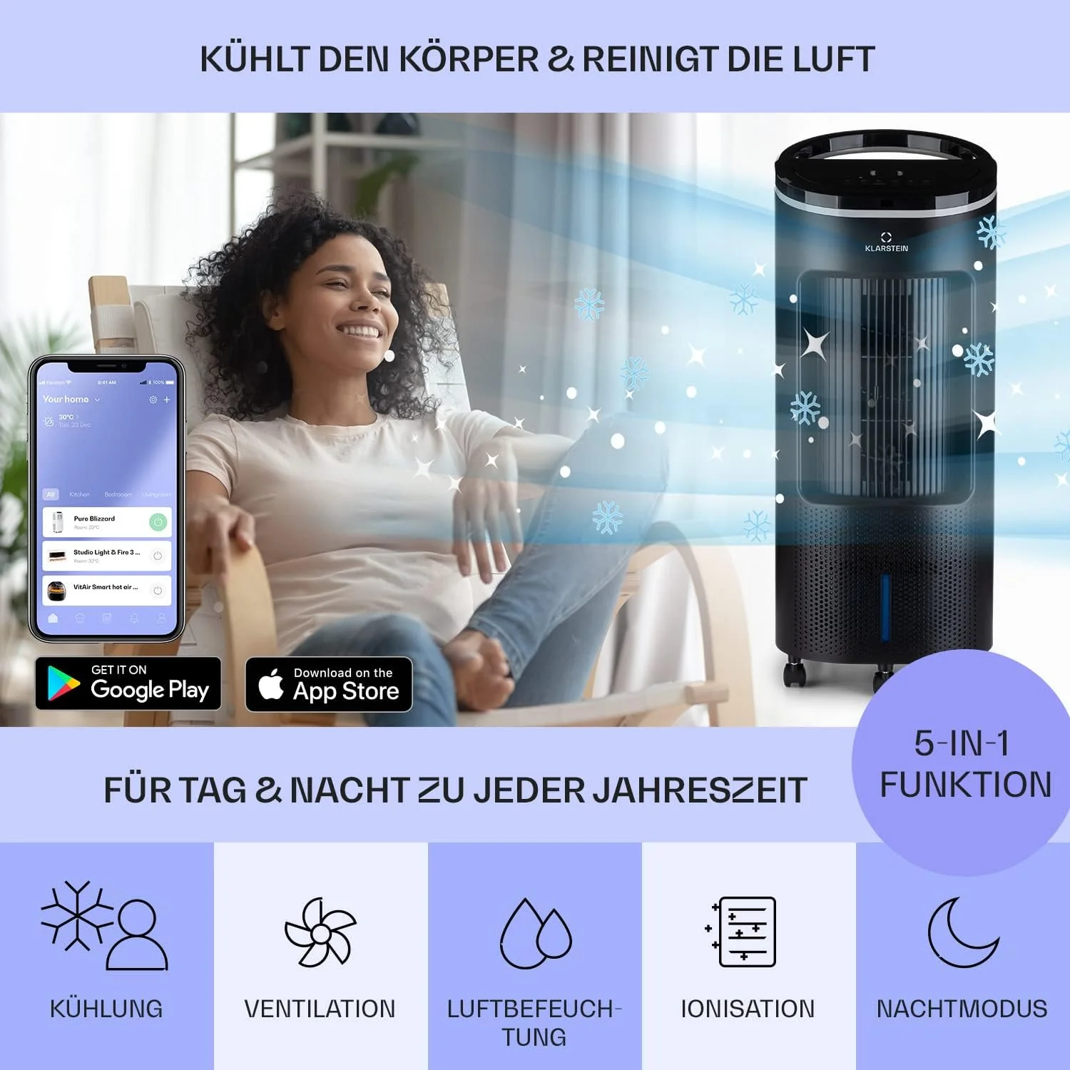 Klarstein Luftk��hler mit Wasserk��hlung, Leiser 4-in-1 Verdunstungsk��hler, Luftbefeuchter, Ventilator & Nachtmodus, Mobile Klimager?te Luftk��hler 7L, 65W Air Cooler, 330m3/h K��hlender Luftstrom