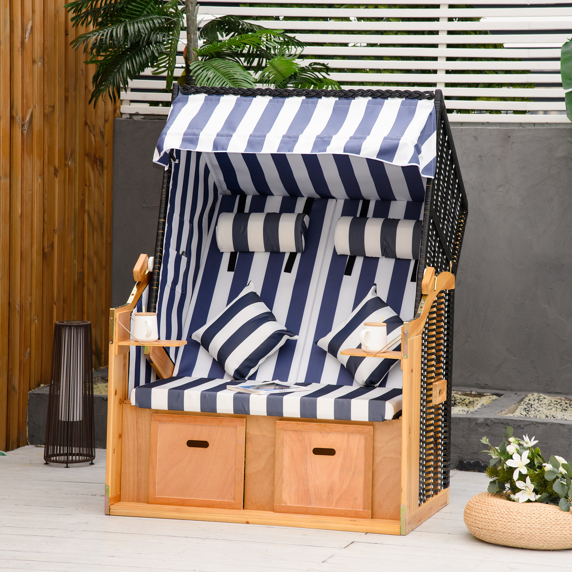 Outsunny strandstoel met dak rotan look klaptafel blauw 118 x 79 x 150 cm
