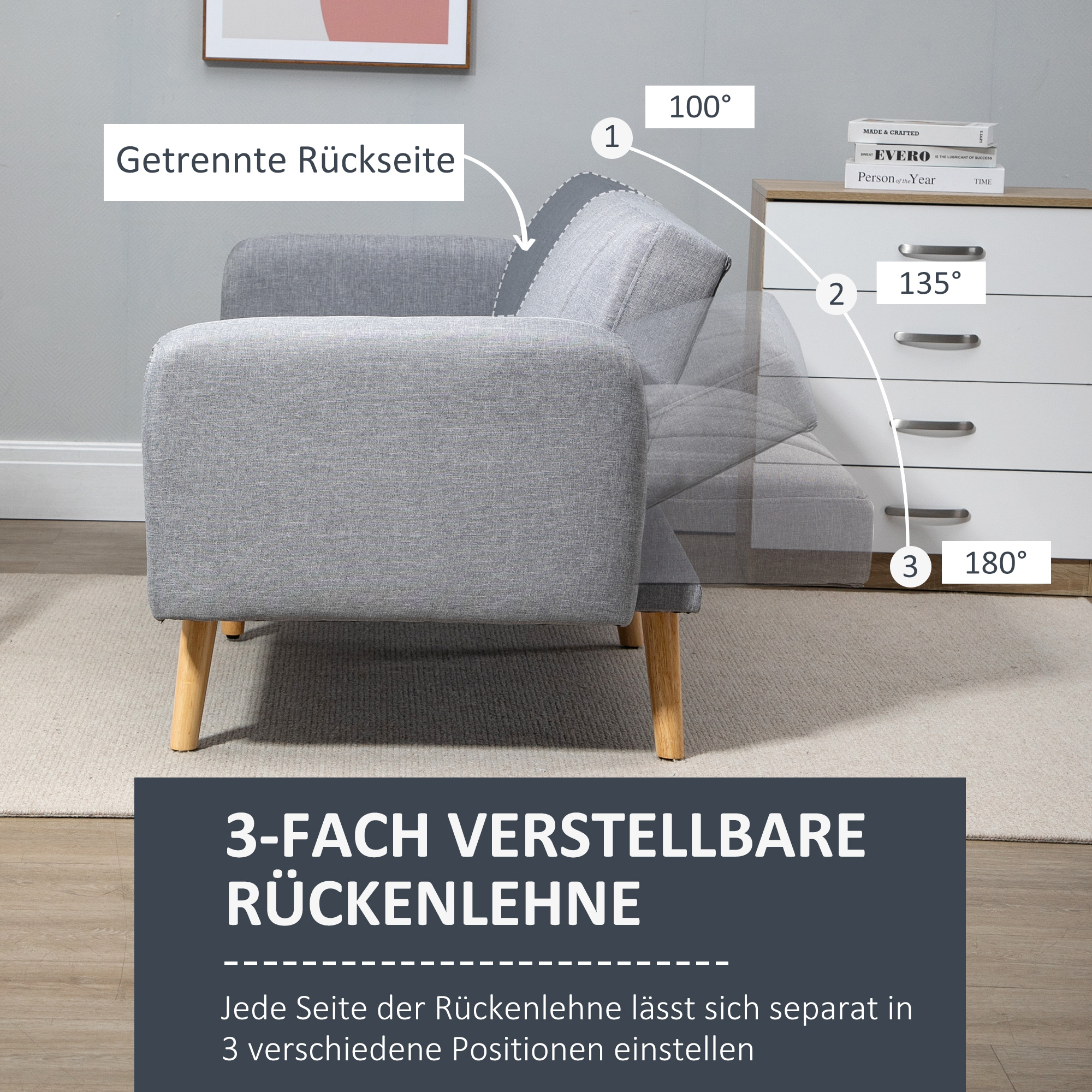 Slaapbank, 2-zits stofbank, Bank met slaapfunctie, linnen-look polyester, rubberhout, 173 x 75 x 73 cm, Grijs