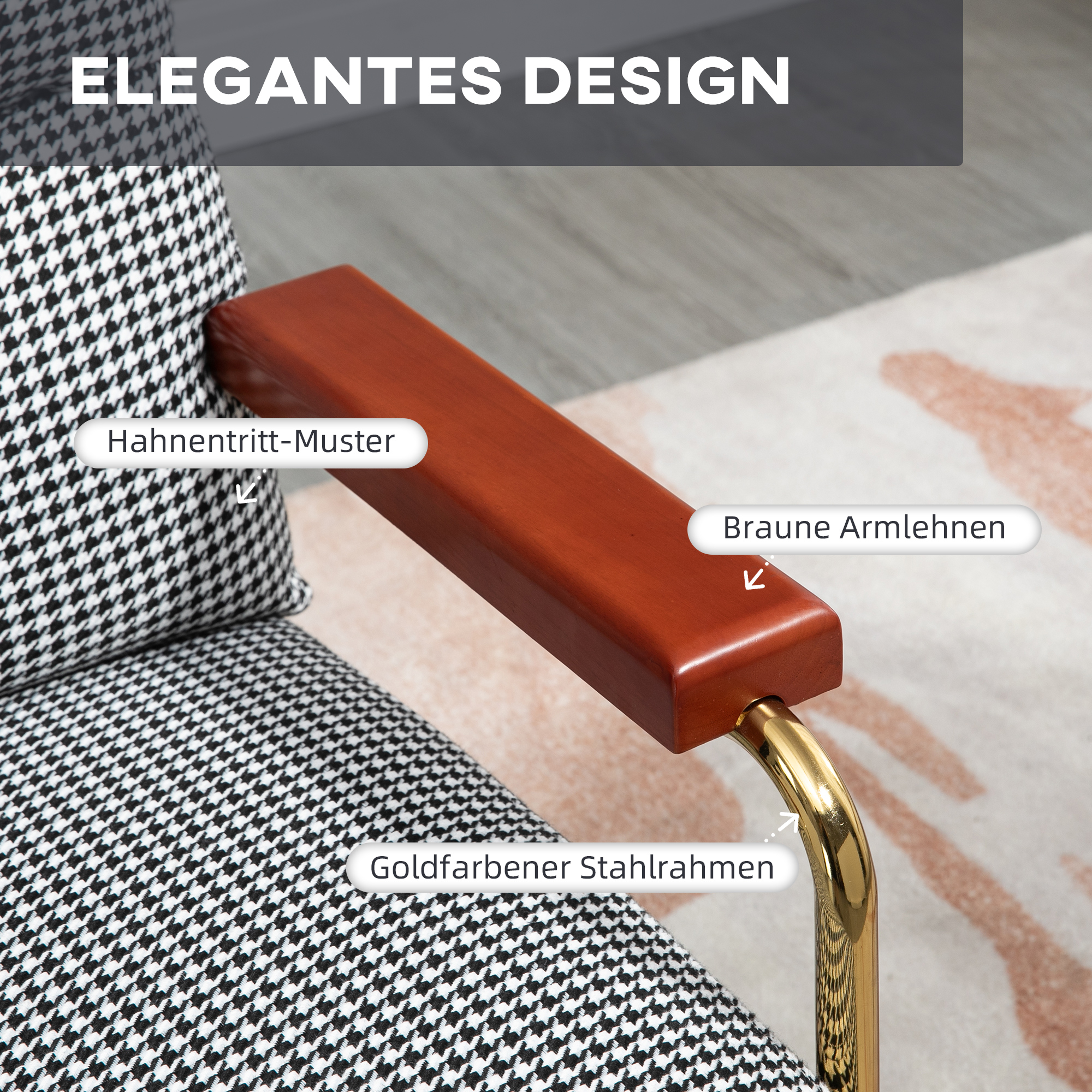 Fauteuil in retrodesign, accentstoel, pied-de-poulepatroon, houten elementen, binnenvering, zwart+wit