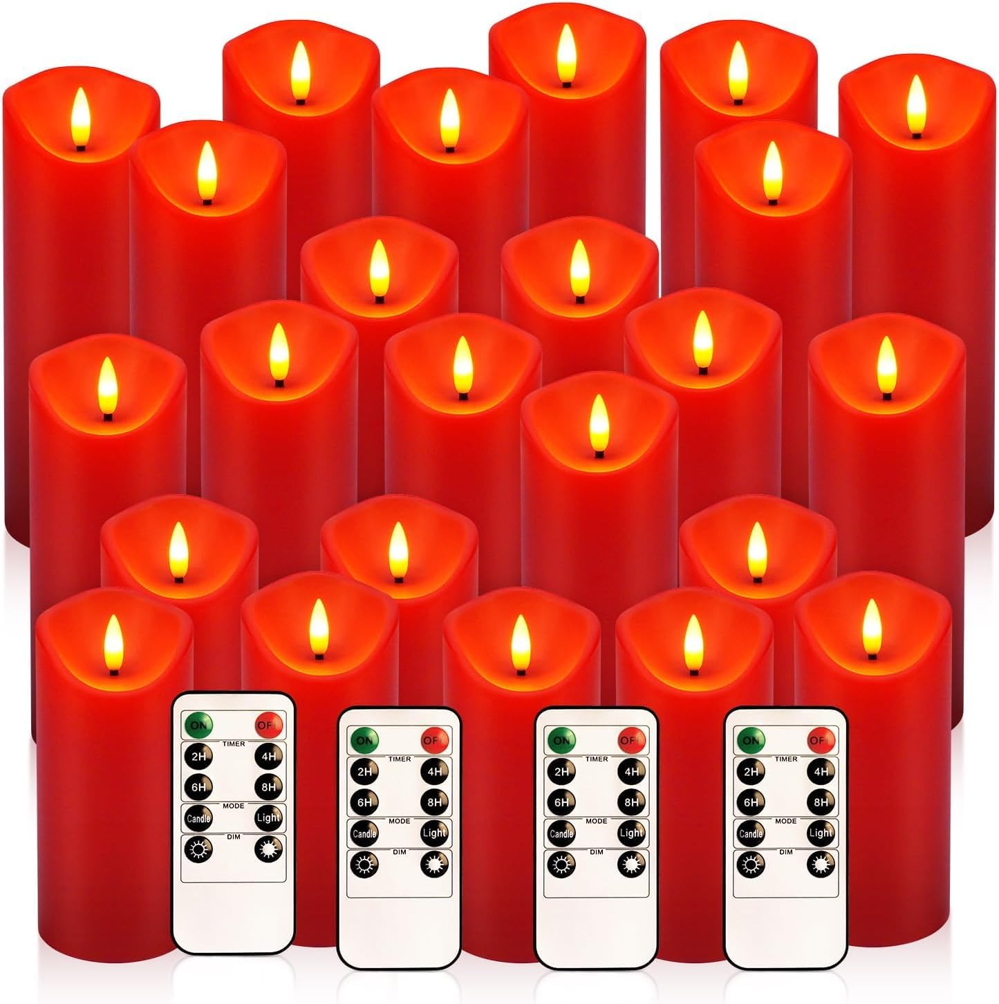 Flackernde flammenlose LED-Kerzen, batteriebetriebene Stumpenkerzen mit Fernbedienung, für Neujahr, Heimdekoration, Partys, Hochzeiten, 24 Stück (T 5 x H 12,7 cm, 15,2 cm, 17,8 cm, Rot)