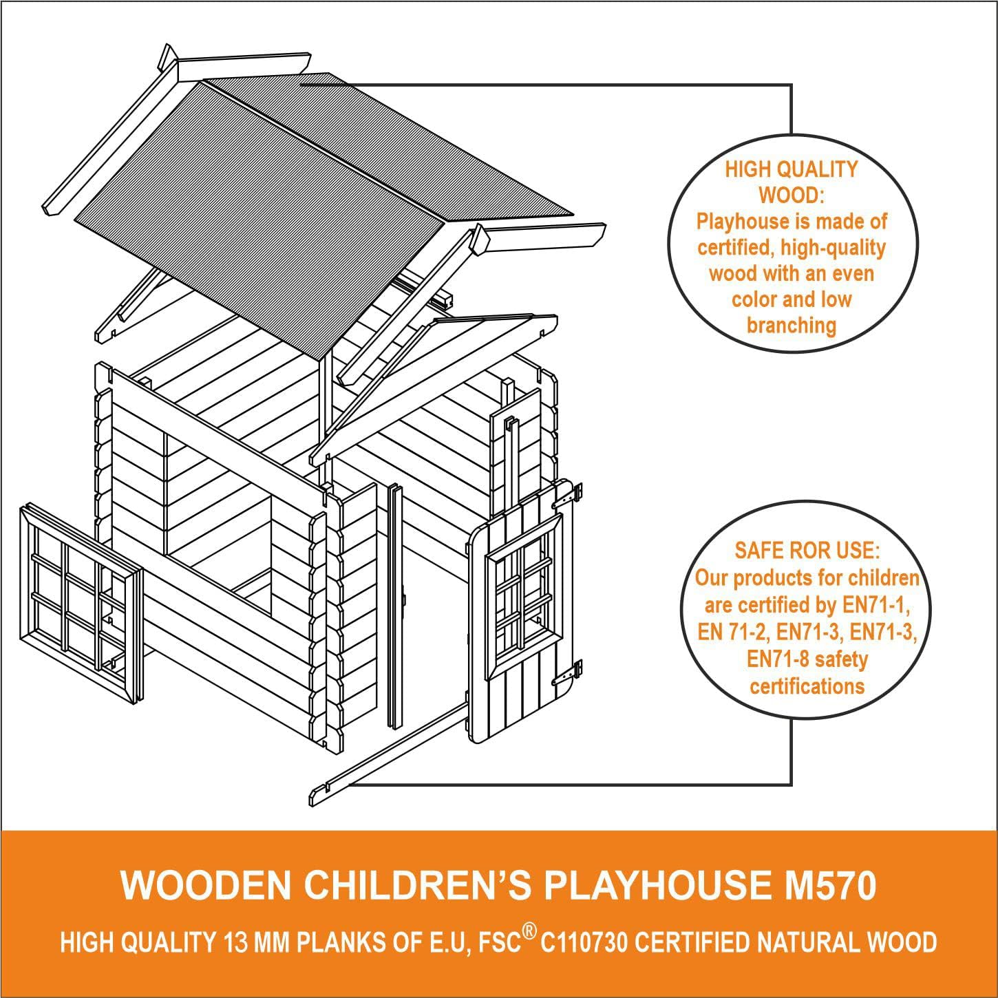 Timbela M570M-1 Kinderspielhaus aus Holz -Spielhaus im Freien für Kinder - 111x113xH121 cm/0.9 m2 Gartenspielhaus - Garten-Sommerhaus für Kinder (Die Dachfarbe ist blau)