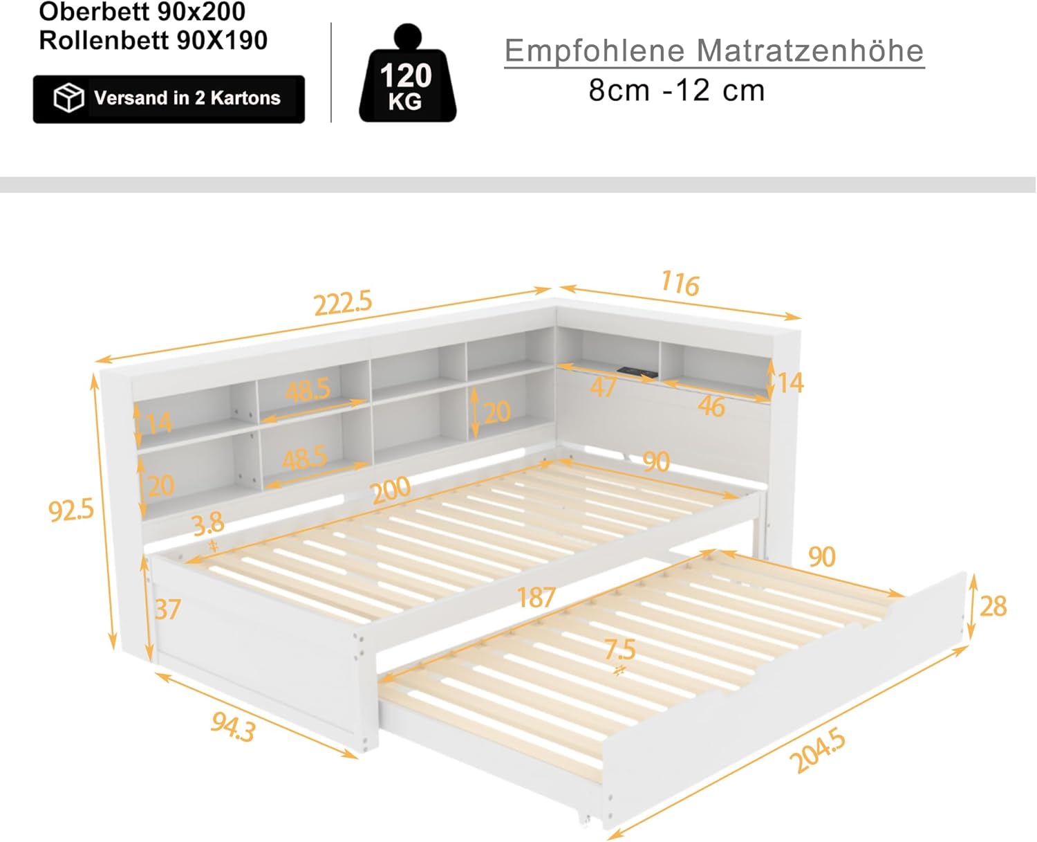Plattformbett mit Ausziehbett 90x200cm(90x190cm), Ausziehbares Schlafsofa Tagesbett mit Bücherregal & USB Ladefunktion, Multifunktionsbett Gästebett Daybett Kinderbett Jugendbett, Ohne Matratze, Weiß