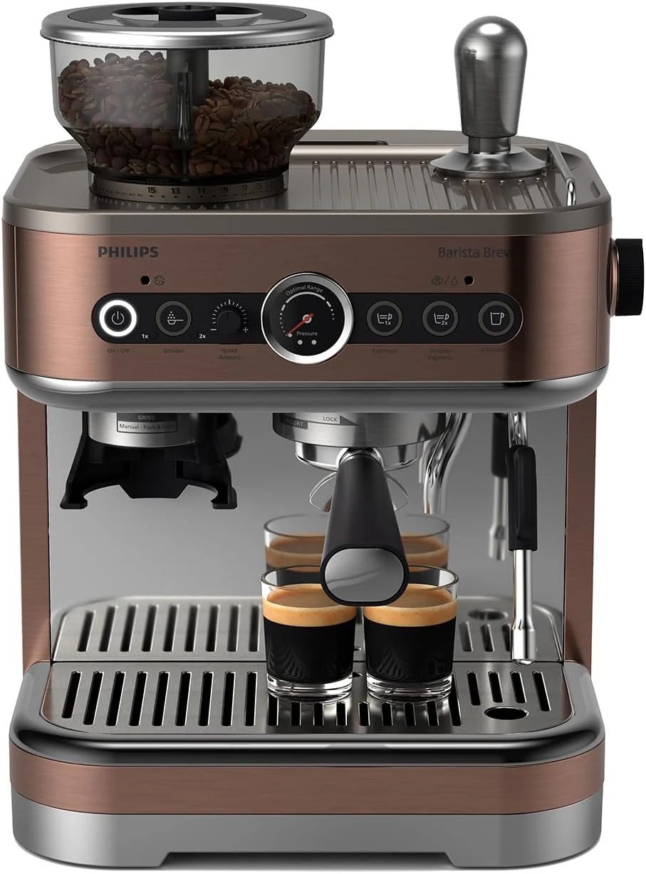 Philips Barista Brew Halbautomatische Espressomaschine - Einfacher & doppelter Espresso + Americano Taste, 250g Bohnenbeh?lter, Intuitive F��hrung, Kalibriertes Stampfen, Metall Silber (PSA3218/01)