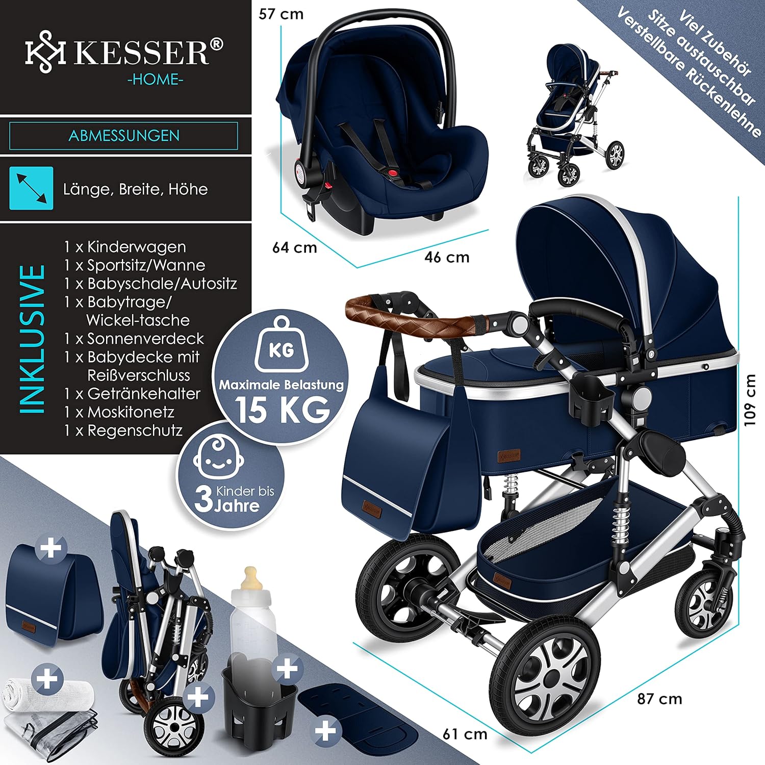 KESSER® Loops 3 in 1 Kinderwagen Kombikinderwagen Komplett-Set inkl. Babywanne & Buggy Sportsitz & Auto-Babyschale Voll-Gummireifen Wickeltasche Regenschutz Kindertisch ECE R129, Schwarz/Champagne