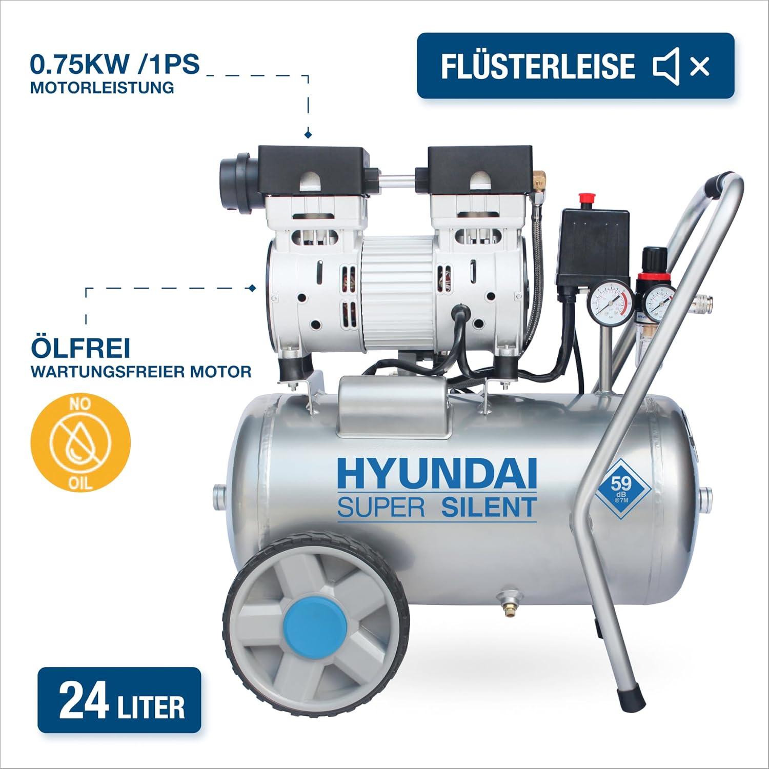 HYUNDAI Silent-Kompressor SAC55752 SET 24L Kessel, 8bar, ölfrei 0.75kW / 1.0PS Ansaugleistung 125 L/Min Öl-Wasserabscheider 59dB Luftkompressor leise, Flüster-Kompressor mit Zubehör