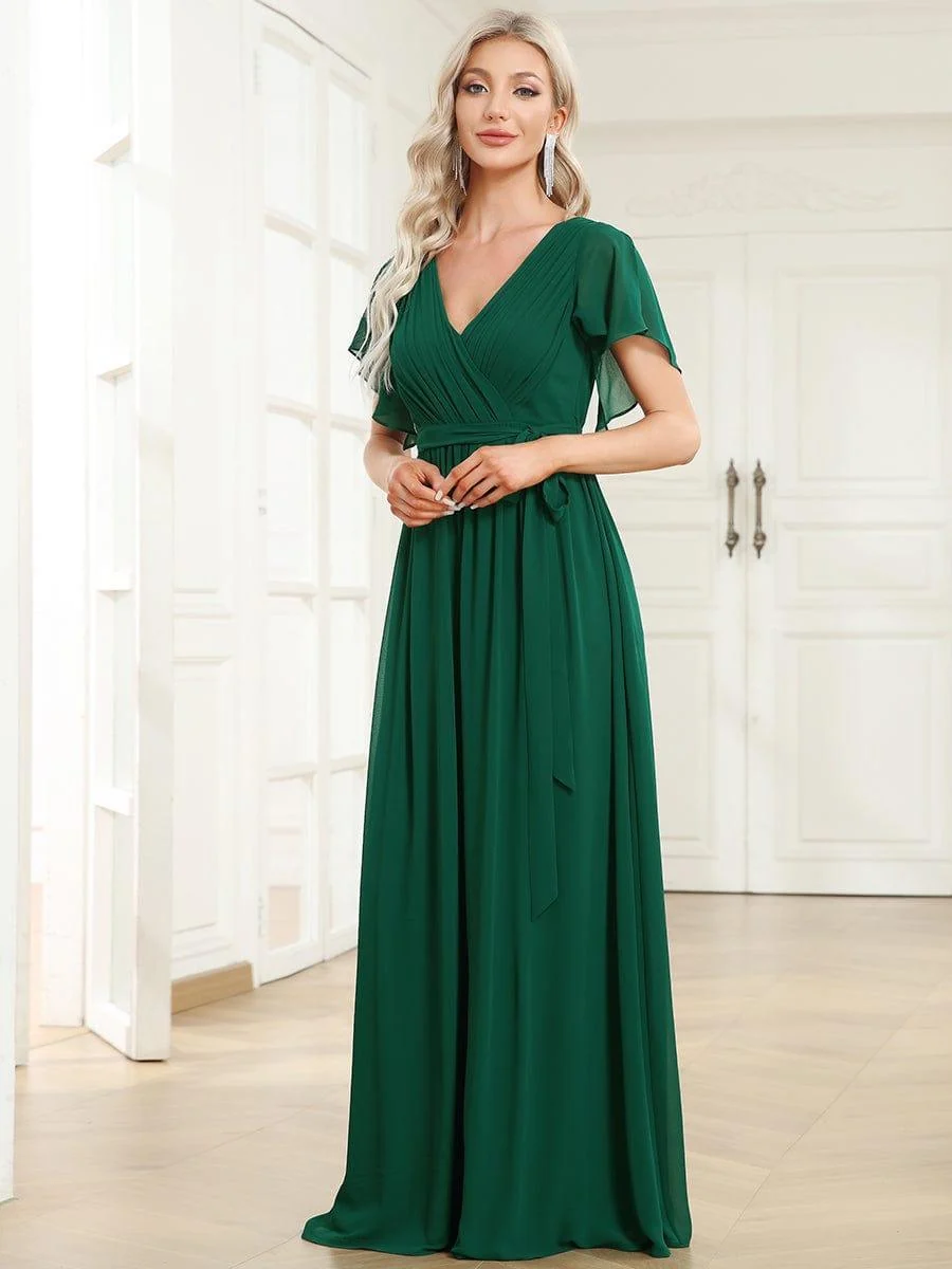 Abendkleid Damen Maxi A-Linie aus Chiffon | Festliches Kleid f��r Hochzeitsg?ste mit V-Ausschnitt und Fl��gel?rmeln