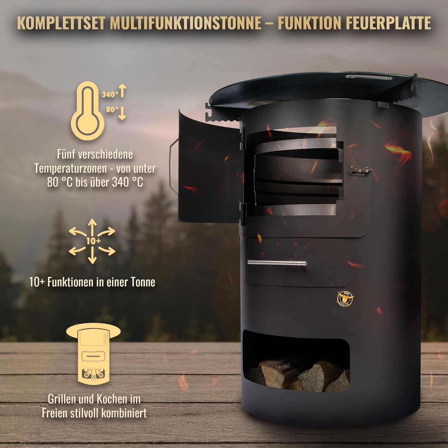 Komplettset – Multifunktionstonne mit 100cm Feuerplatte in 8mm Stärke #2001 – Feuerkorb & Zubehör – A. Weyck Tools Vielseitige Dutch Oven Station, Feuertonne & Grillfass – Hitzebeständig bis 700 Grad
