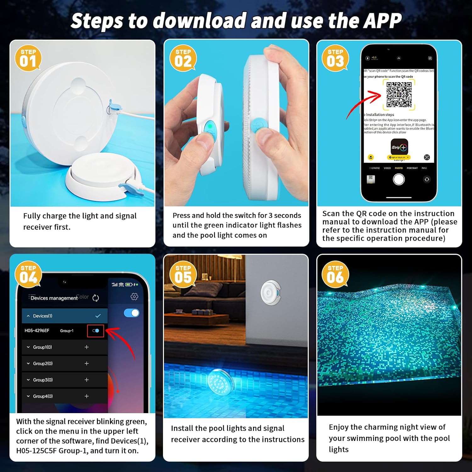Homly Wiederaufladbare Tauch-Pool-Lichter mit kabelloser App-Steuerung, wasserdichte intelligente Unterwasser-LED-Lichter, gesteuert mehrere Beleuchtungsmodi, 4000 mAh Magnete, Lichter für