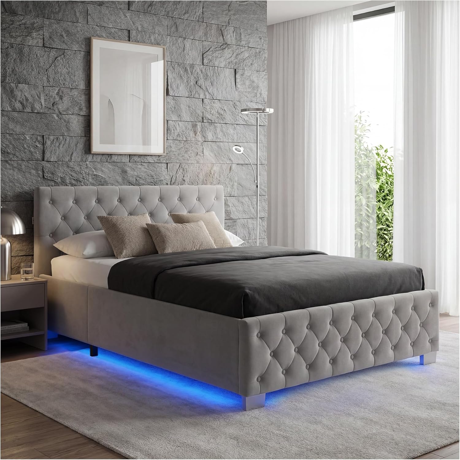 tectake® Chesterfield, Bett 180 x 200 cm, Schlafzimmer Bett mit Bettkasten, Polsterbett, Bett mit Stauraum, Doppelbett, Jugendbett, King Size Bed, Schlafbett, Gaming Bett mit LED, dunkelgrau
