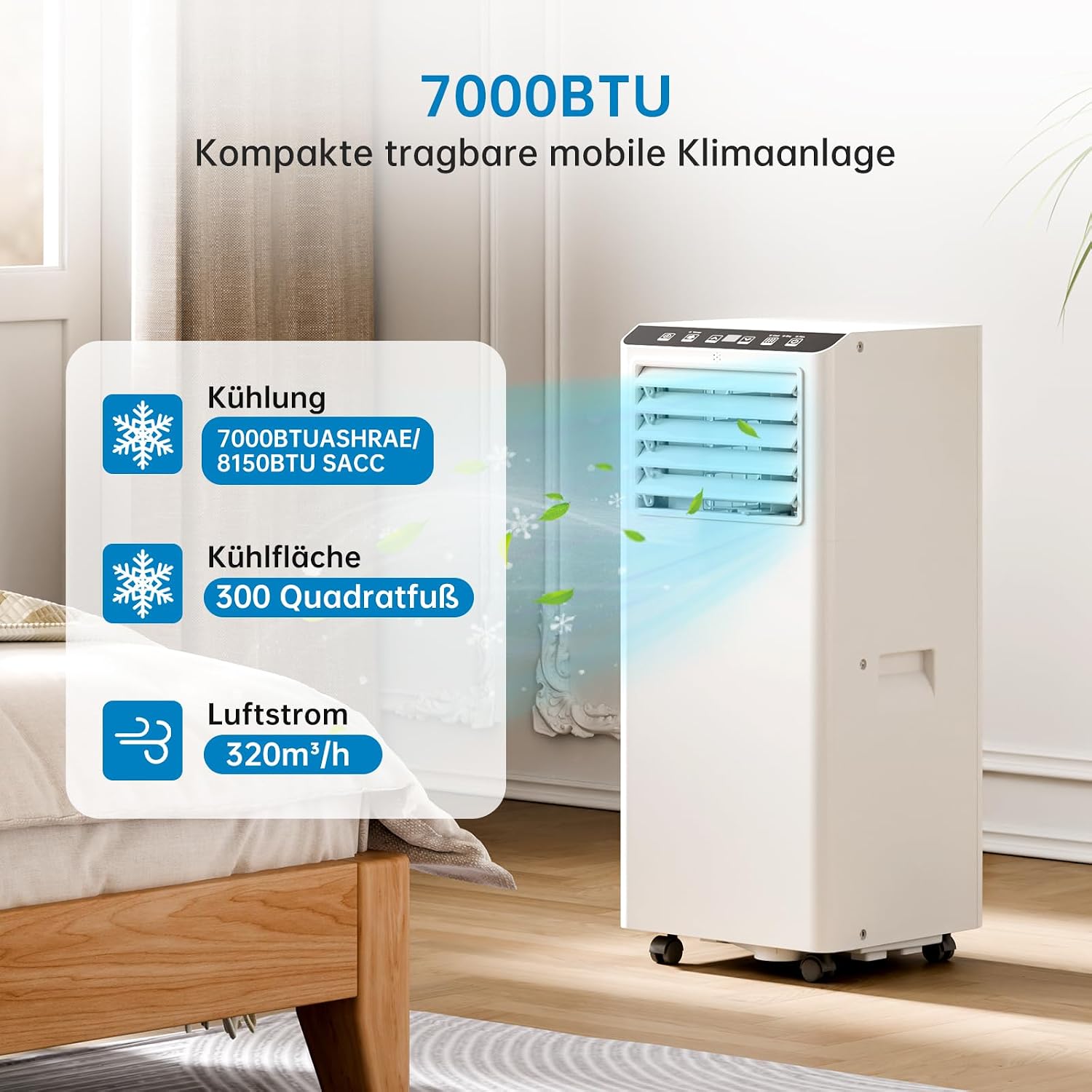 Mobile Klimaanlage 7000 BTU, Mobile Klimageräte mit Abluftschlauch, Mobile Klimaanlage Leise