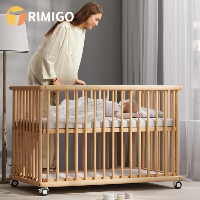 Trimigo 6-in-1 Babybett 118x70 cm mit Matratze und unbehandelt Buchenholz, wandelbar zu Sofa, Schreibtisch, höhenverstellbares, mit Rollen und Bremsen, mit Stauraum