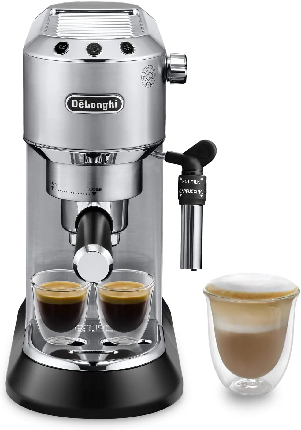 De'Longhi Dedica – Cafetera de Bomba de Acero Inoxidable para Café Molido o Monodosis, Espresso y Capuchino, Depósito de 1.3 Litros, Sistema Antigoteo, Modelo EC685.M, Color Metal