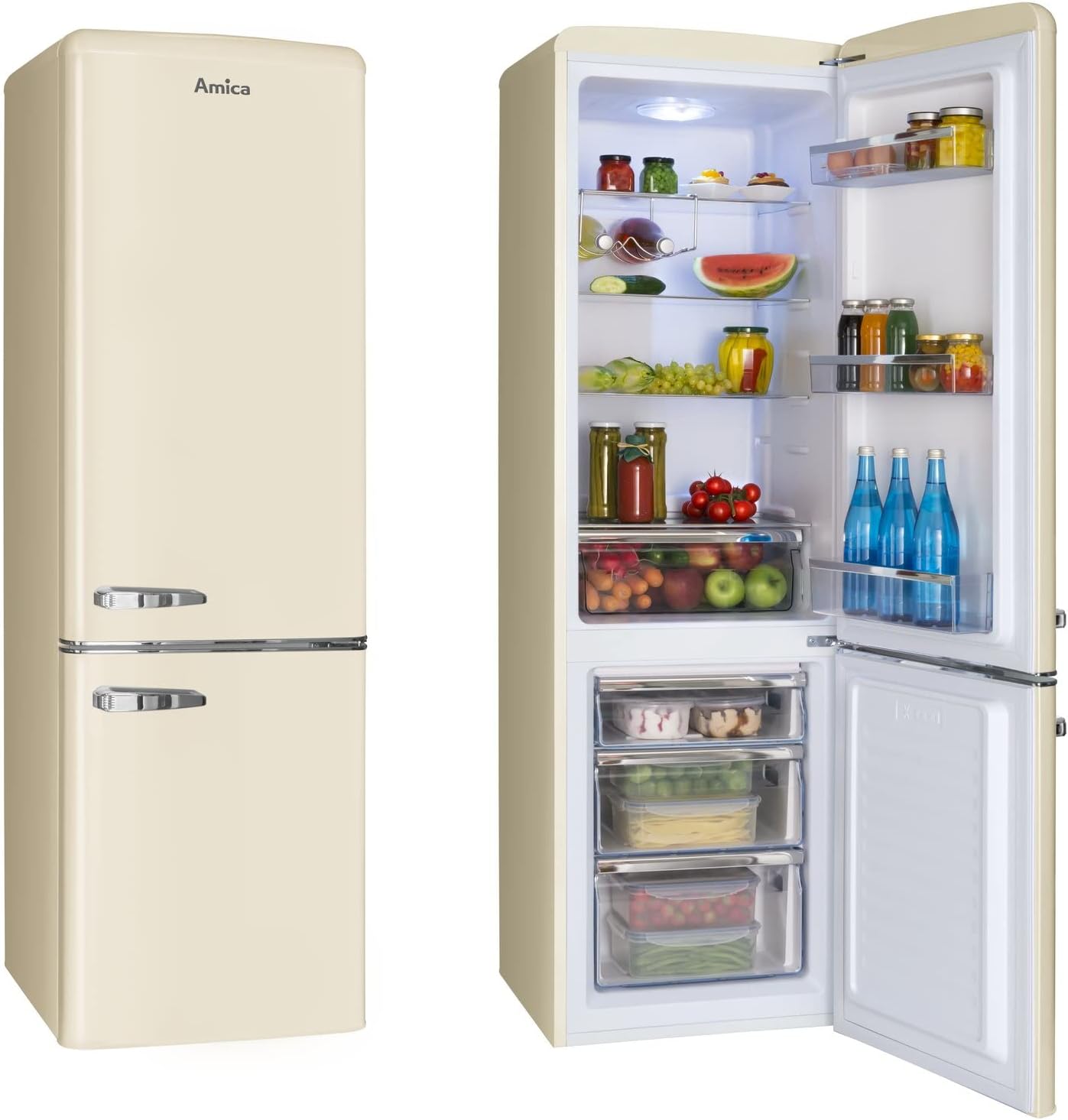 Amica Retro Kühlschrank freistehend mit Gefrierfach 244 l LED Beleuchtung Glasablagen Chrom Flaschengitter 181 x 55 x 62 cm Beige - Kühl Gefrierkombination