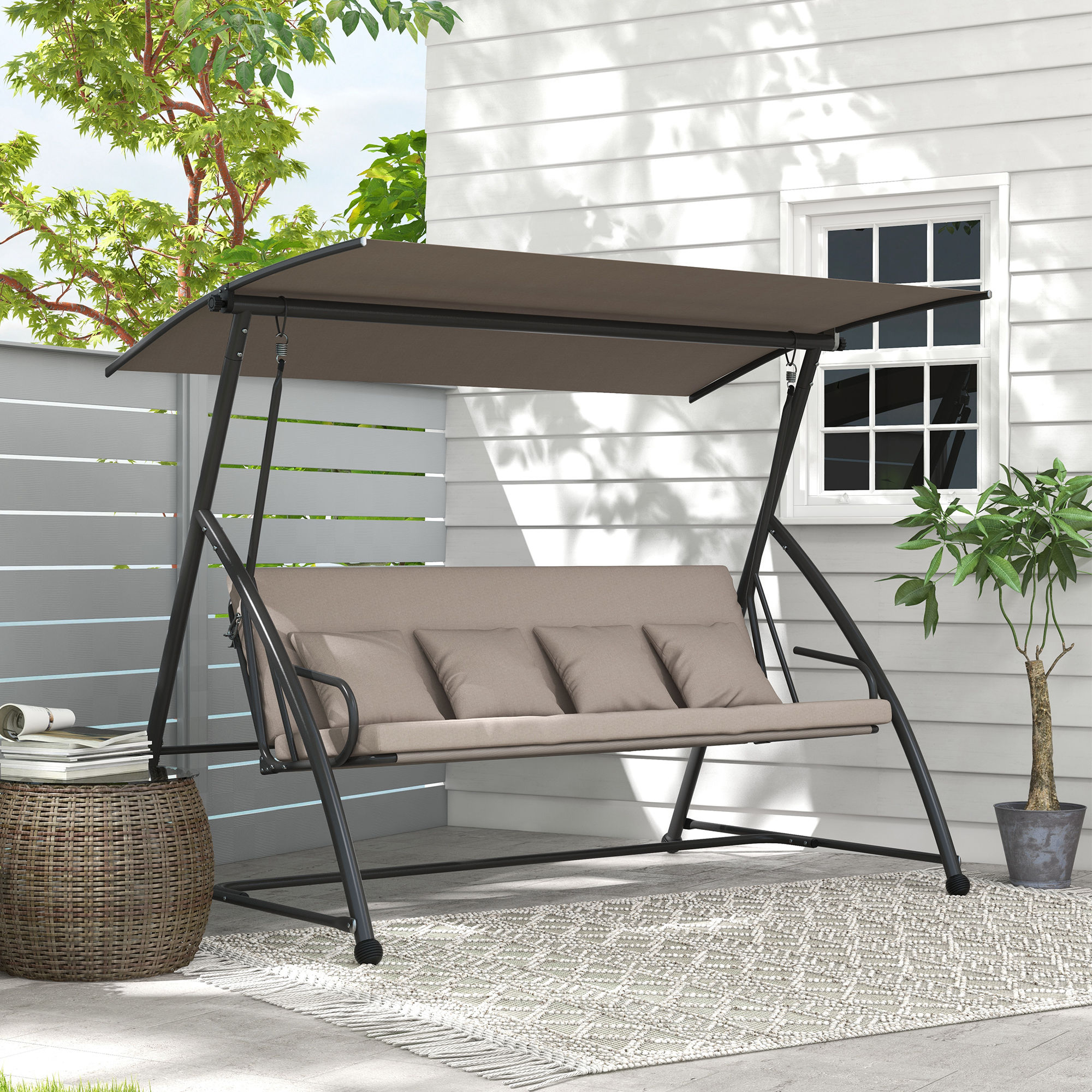 2-in-1 Hollywood schommel met Ligfunctie, 3-zits Tuinschommel van Staal 170x110x153cm, Lichtbruin