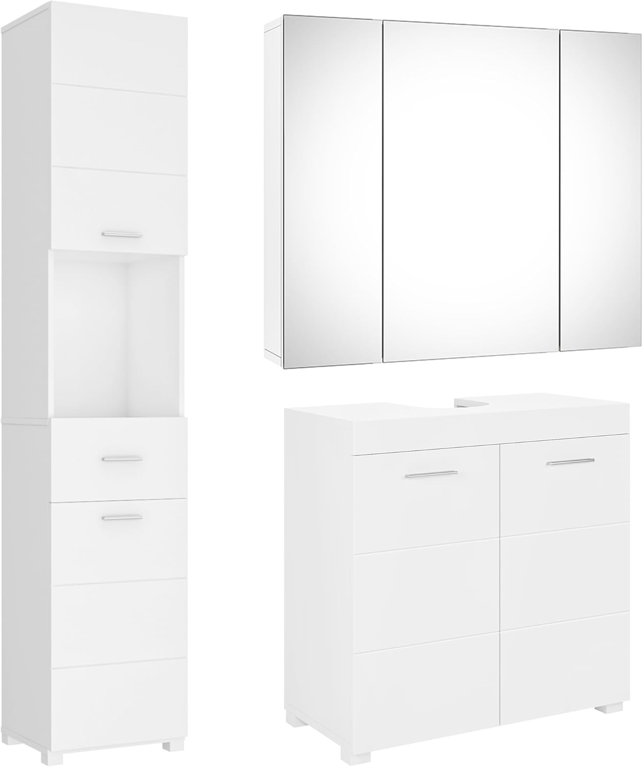 FOREHILL Badmöbel Set weiß, 3 Teile, mit Waschbeckenunterschrank, Hochschrank, Spiegelschrank