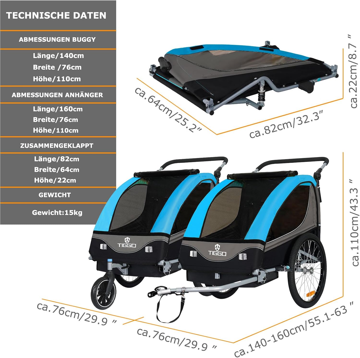 Tiggo S2 Kinderanhänger mit Federung Jogger 2 in 1 Kinder Buggy fahrradanhänger Anhänger 360° Drehbar