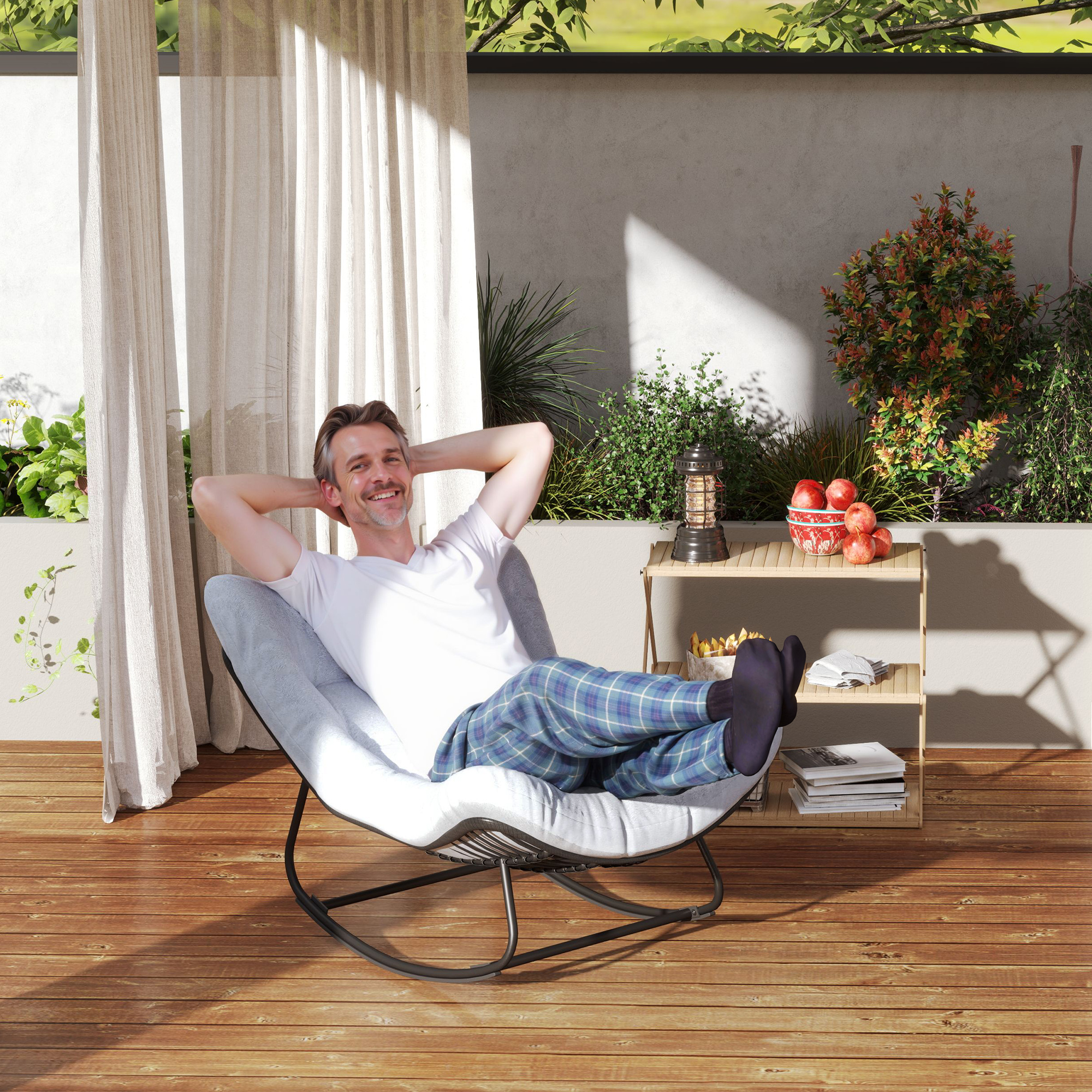 Rattan Schommelstoel Tuinbank met Stalen Frame en Kussen Schommelbank 98 x 111 x 74 cm Grijs