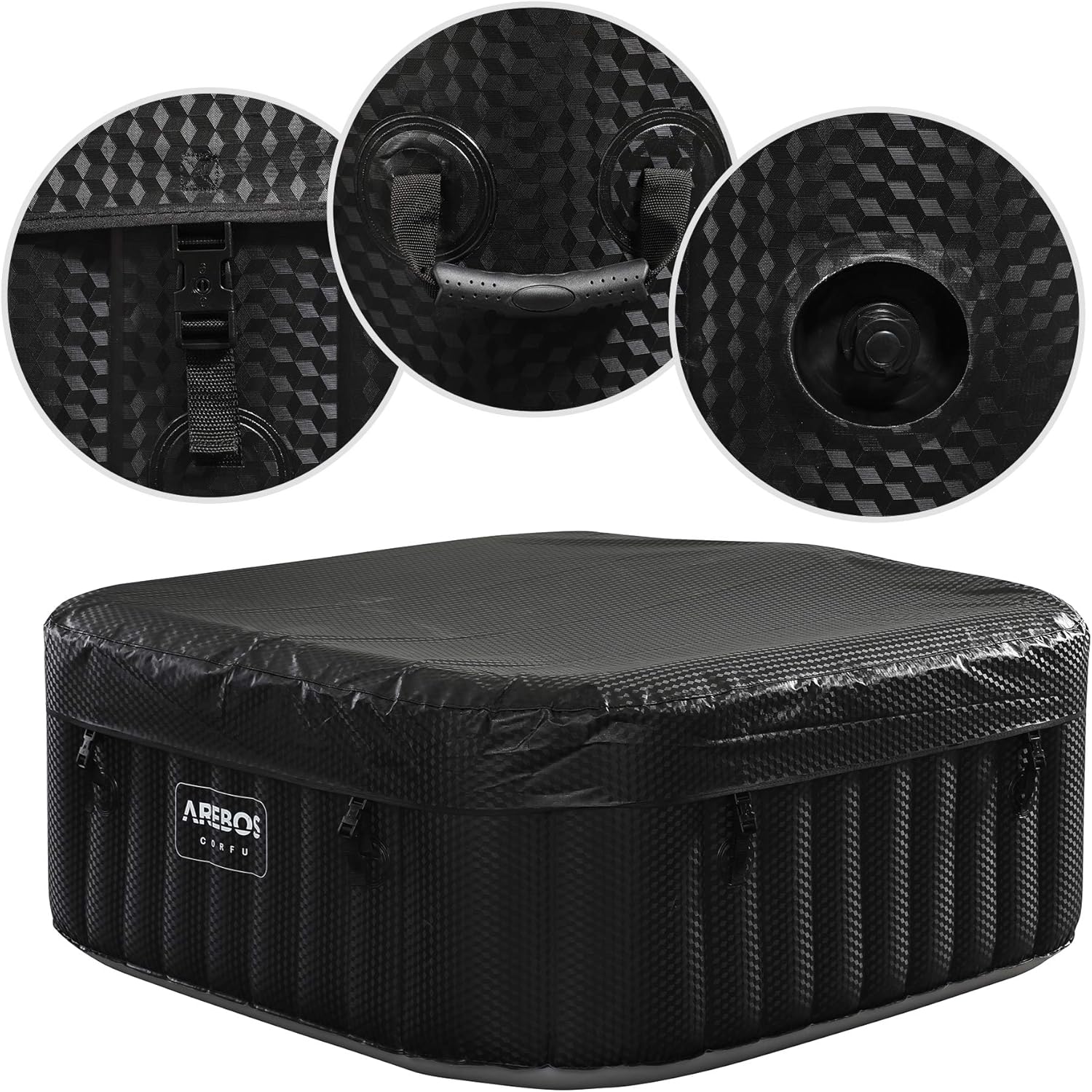 Arebos Whirlpool | 154 x 154 cm | mit LED-Beleuchtung | aufblasbar | quadratisch | In- & Outdoor | 4 Personen | 100 Massagedüsen | mit Heizung | 600 L | Inkl. Abdeckung | Bubble Spa & Wellness Massage