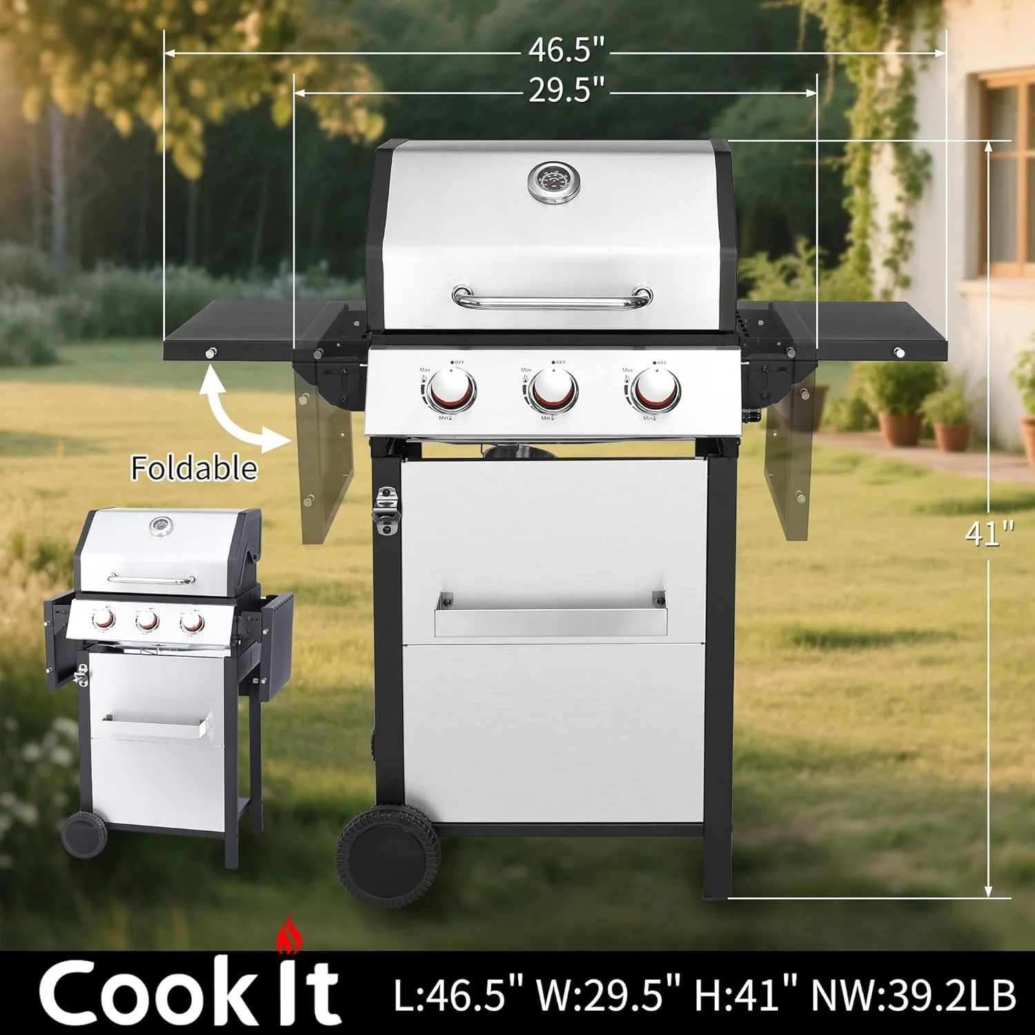 3-Burner Propane Gas Grill with 30.000 BTU Output - Double-layer Stainless Steel Grill Lid. Cast Iron Cooking Grids. Easy-Clean Grease Management & Even Heat Distribution for Perfect BBQs