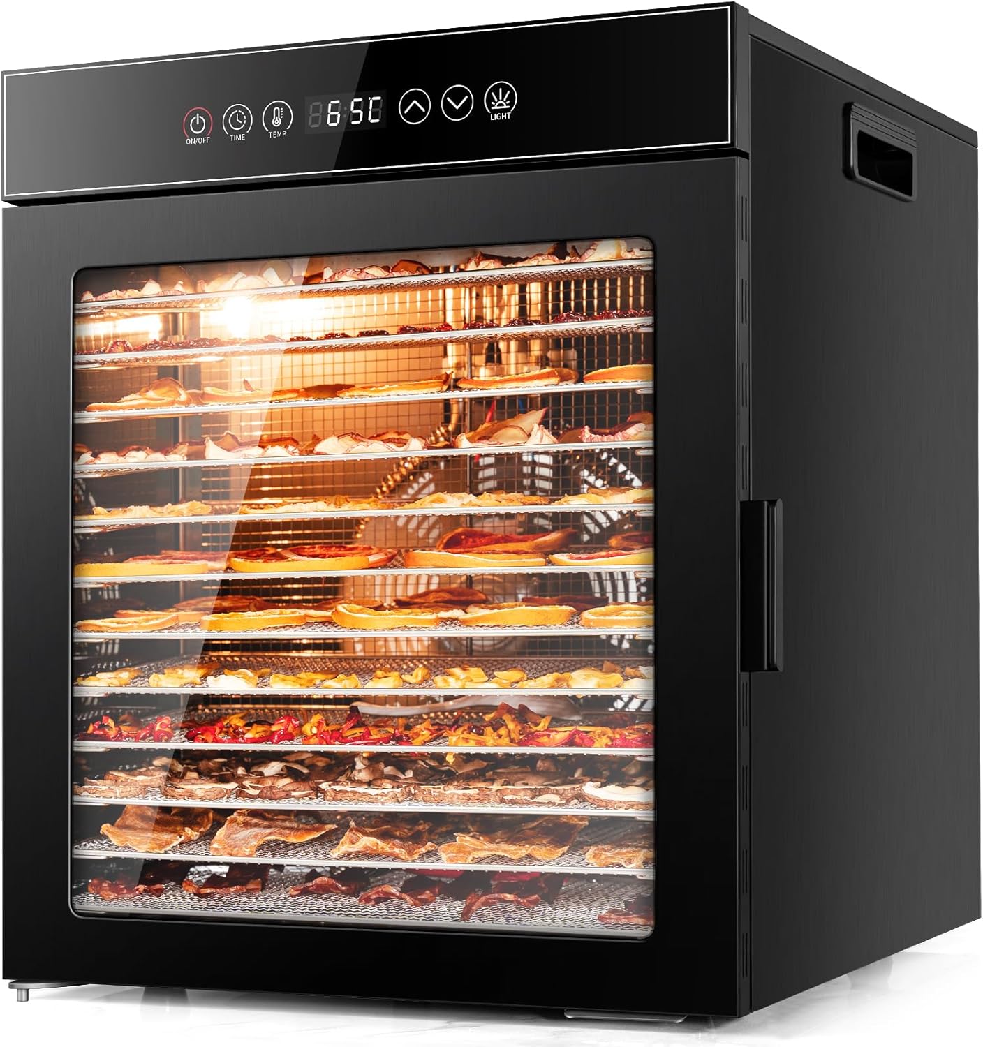 Kwasyo Dörrautomat Edelstahl, Dörrgerät 12 Etagen Ganz in Schwarz, 30-90℃ Temperaturregelung, 24 Stunden Timer, Rezeptheft für Fleisch Obst Gemüse Kräuter, 900W, LT-09