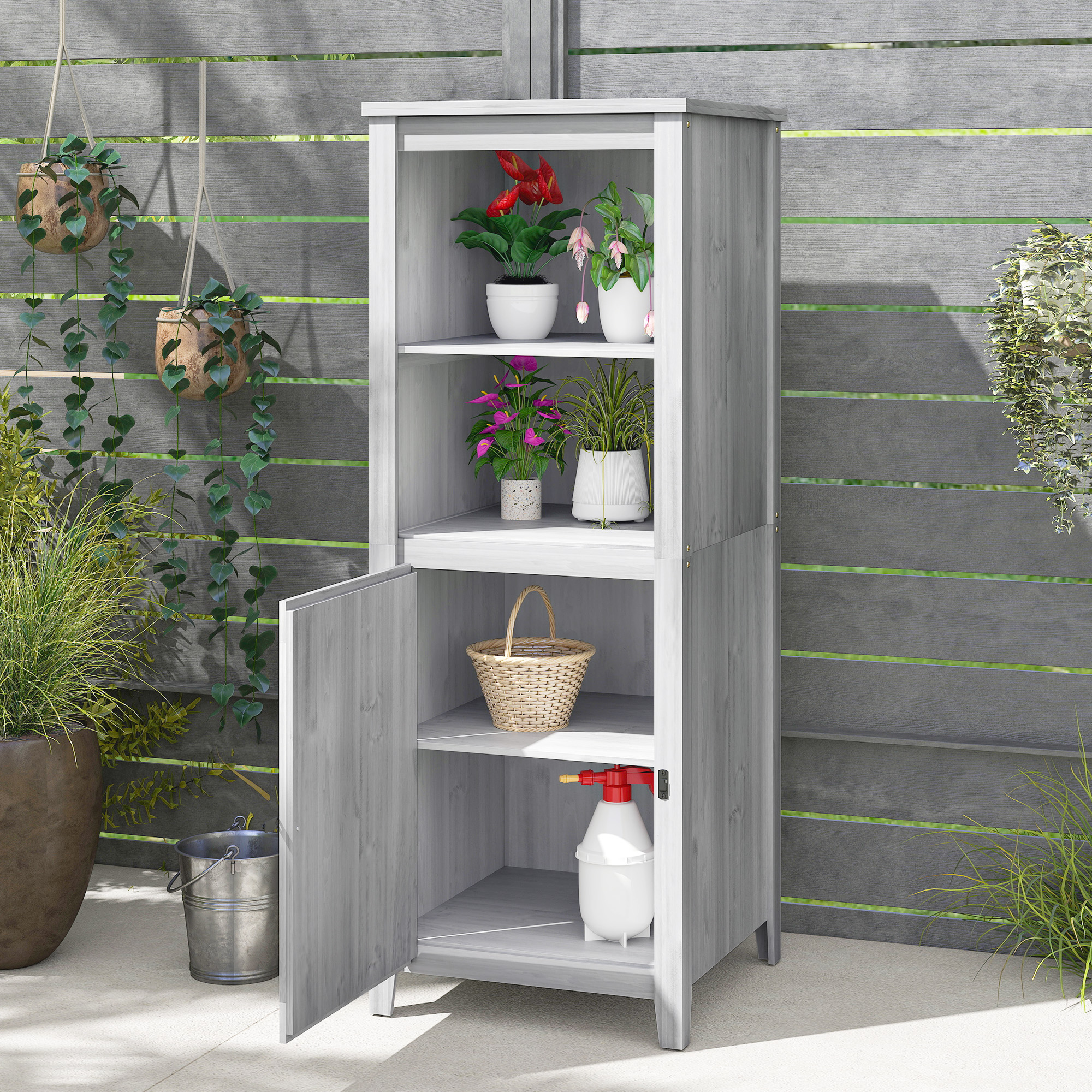 Outsunny Tuinschuur met Schuurdeur, Verstelbare Planken, Slank Ontwerp, Dennenhout, Lichtgrijs